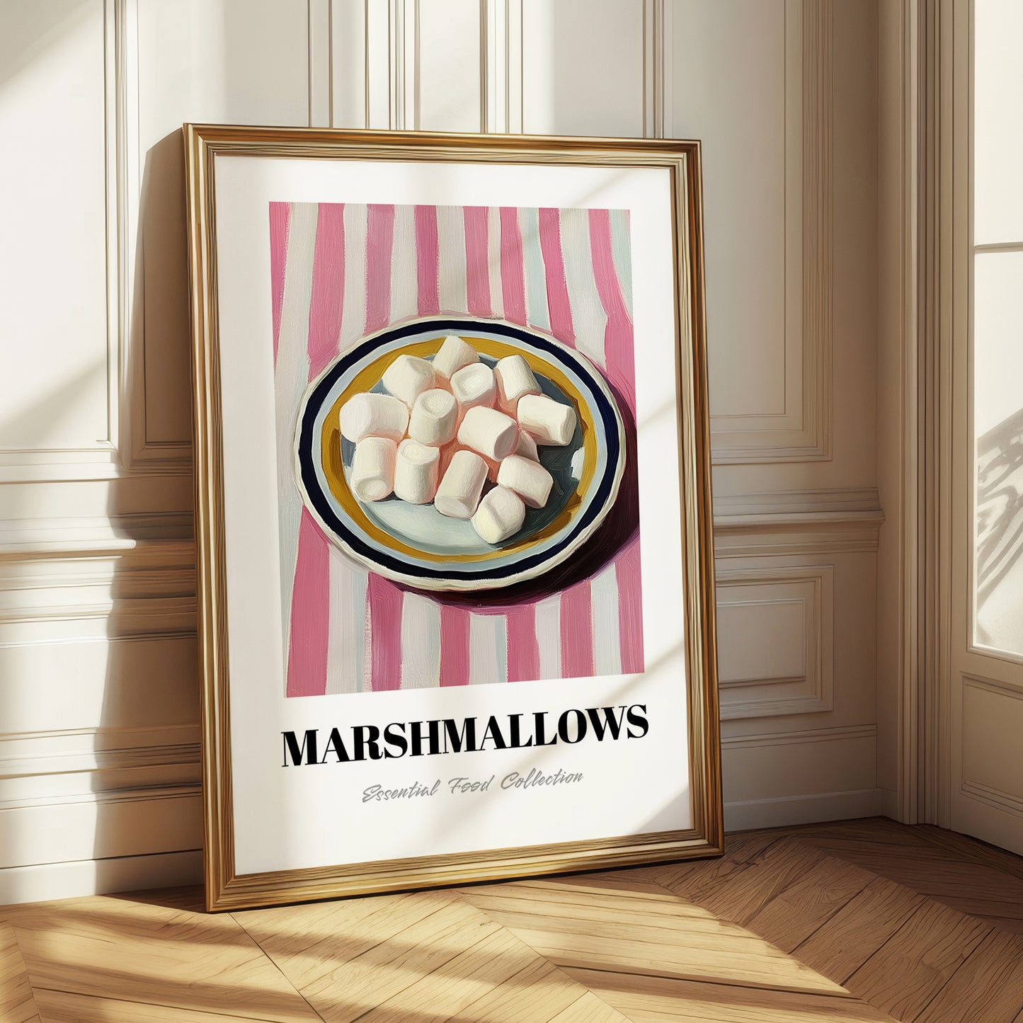 Marshmallows – on Striped Tablecloth, American Dessert Wall Illustration 