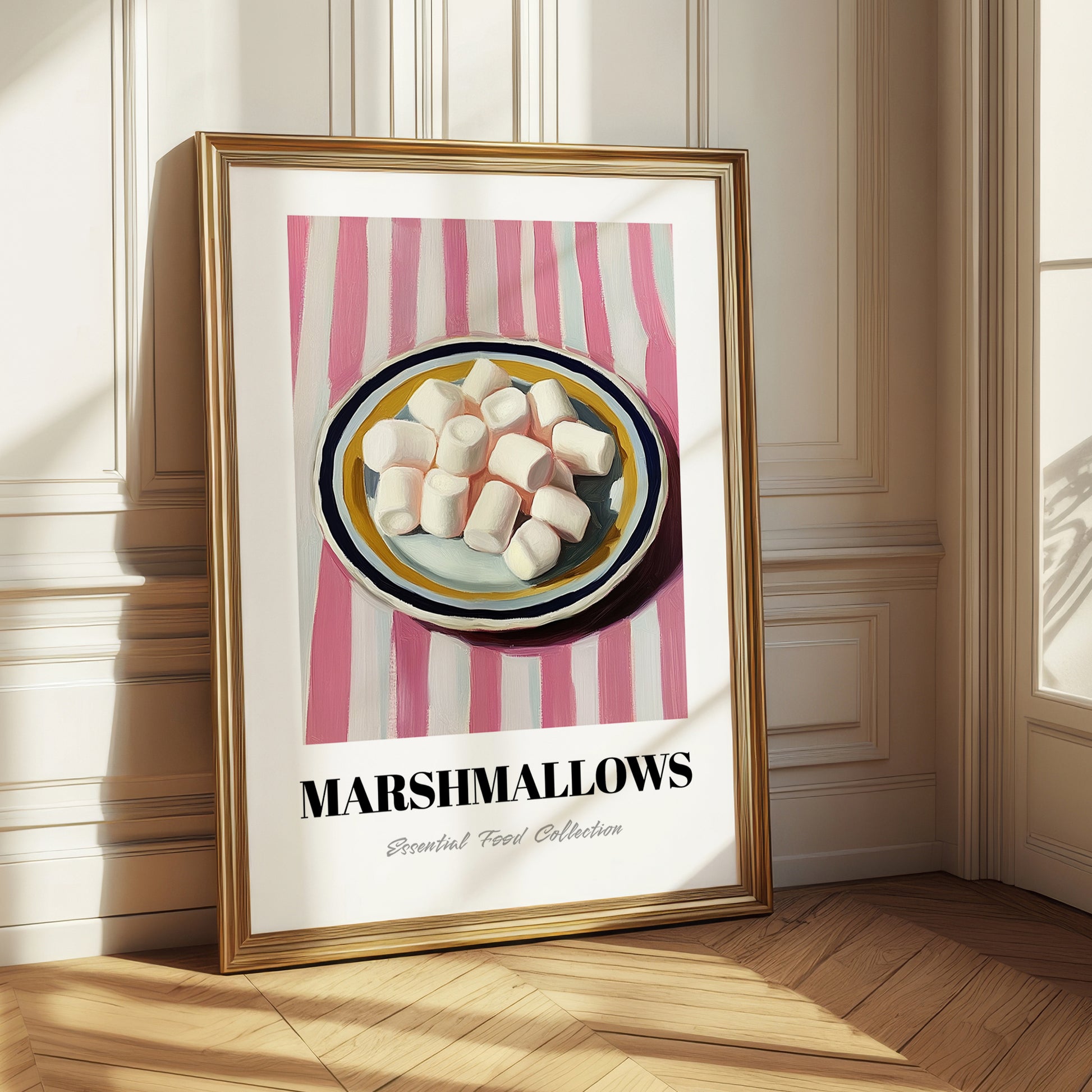 Marshmallows – on Striped Tablecloth, American Dessert Wall Illustration 