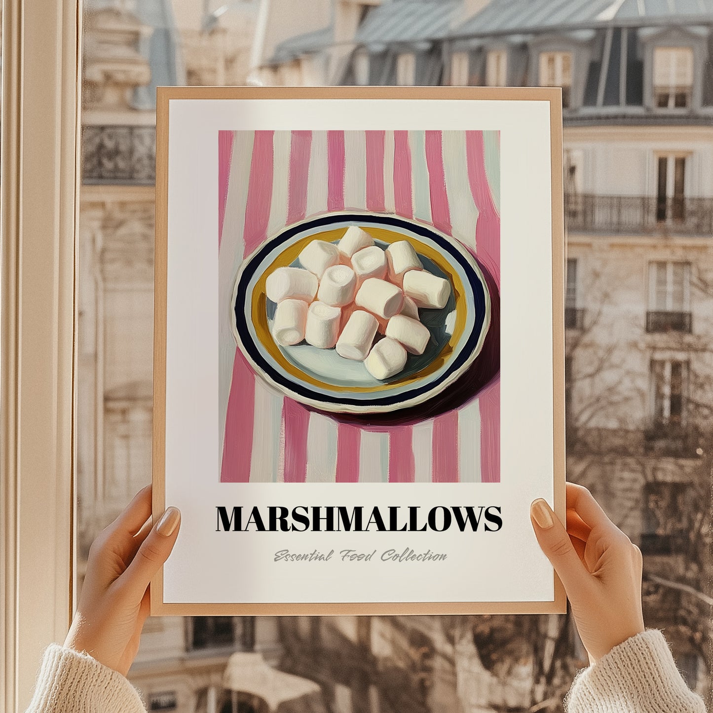 Marshmallows – on Striped Tablecloth, American Dessert Wall Illustration, styled in a charming Paris street view
