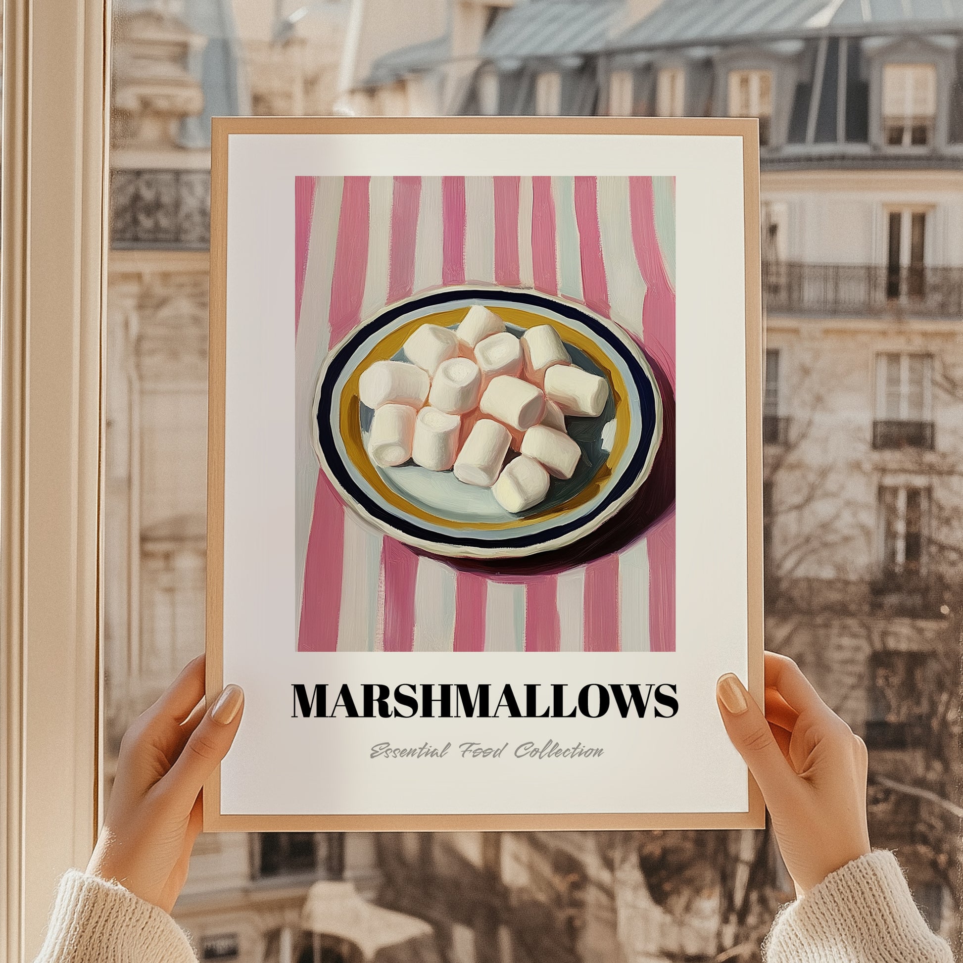 Marshmallows – on Striped Tablecloth, American Dessert Wall Illustration, styled in a charming Paris street view