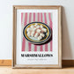 Marshmallows – on Striped Tablecloth, American Dessert Wall Illustration, in wooden frame leaning on the floor