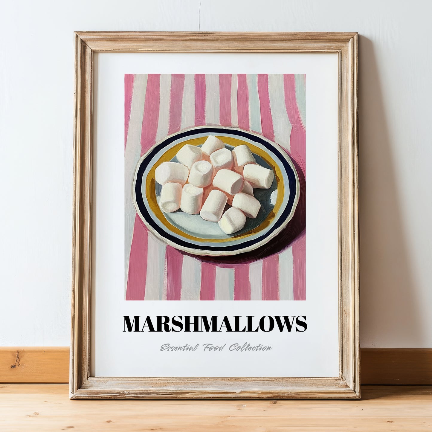 Marshmallows – on Striped Tablecloth, American Dessert Wall Illustration, in wooden frame leaning on the floor
