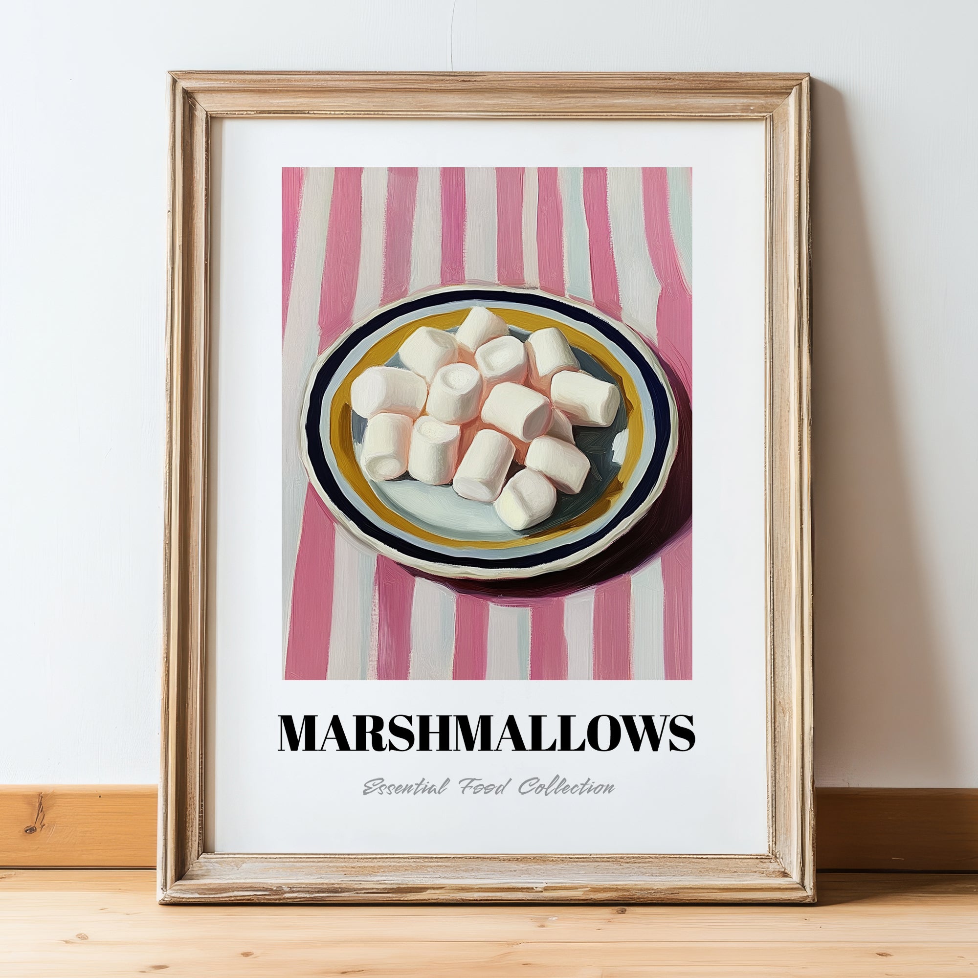 Marshmallows – on Striped Tablecloth, American Dessert Wall Illustration, in wooden frame leaning on the floor