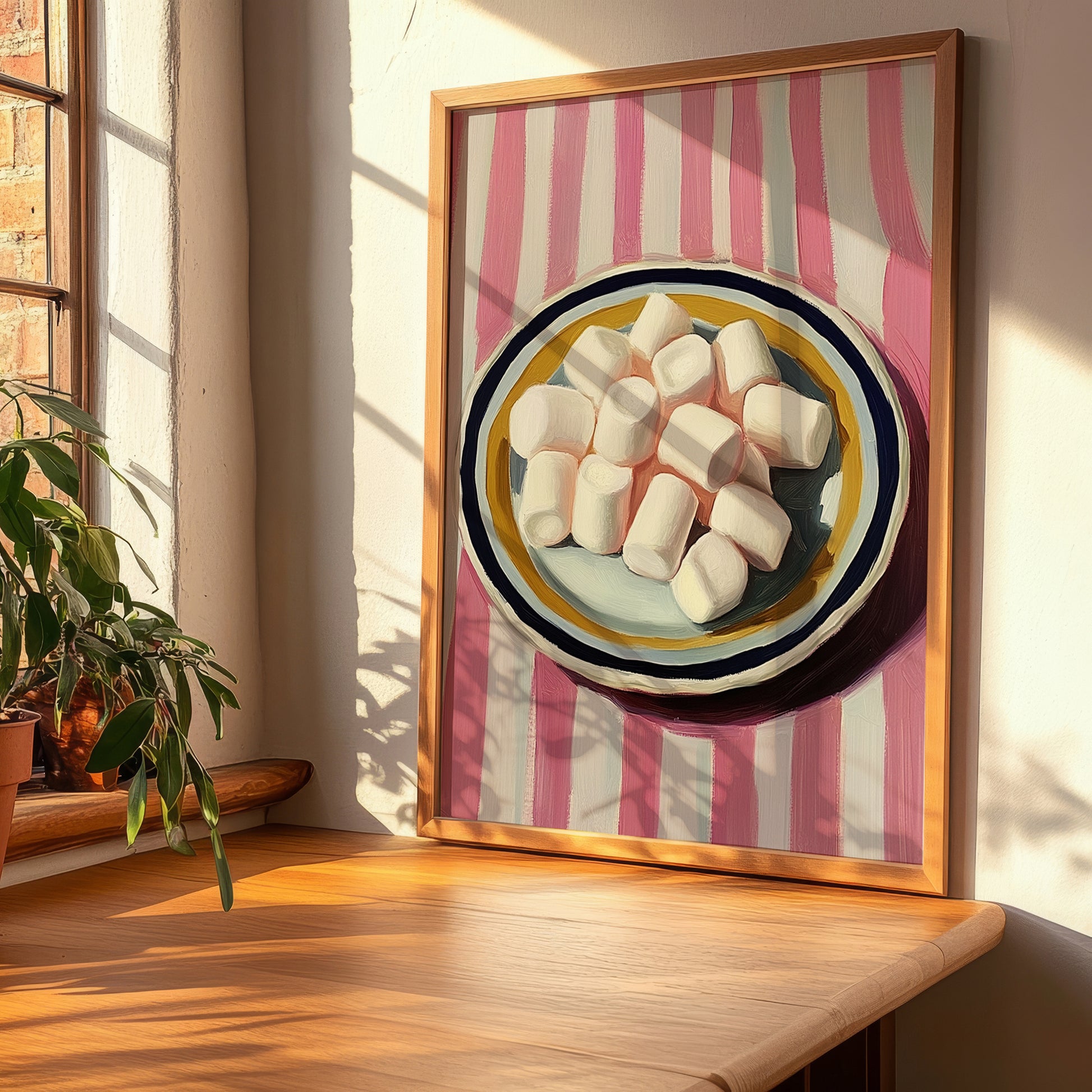Marshmallows – on Striped Tablecloth, American Dessert Wall Illustration, clean layout with no caption