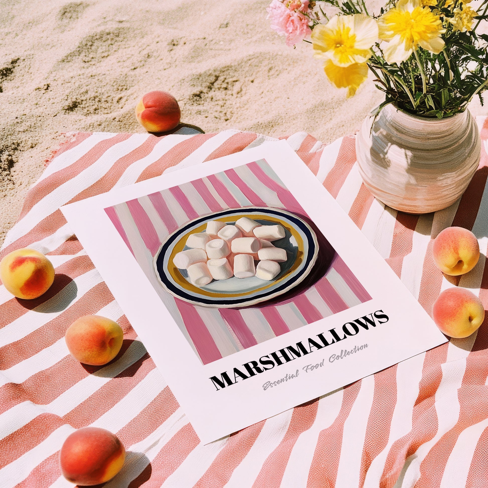Marshmallows – on Striped Tablecloth, American Dessert Wall Illustration, unframed on coastal sand