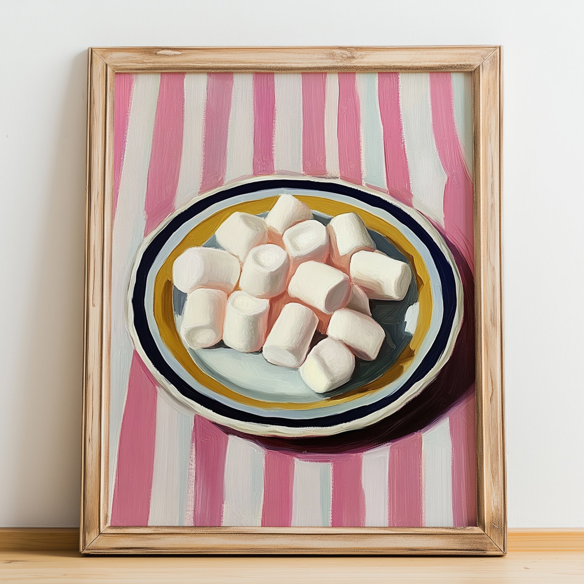 Marshmallows – on Striped Tablecloth, American Dessert Wall Illustration, no-text version framed in wood