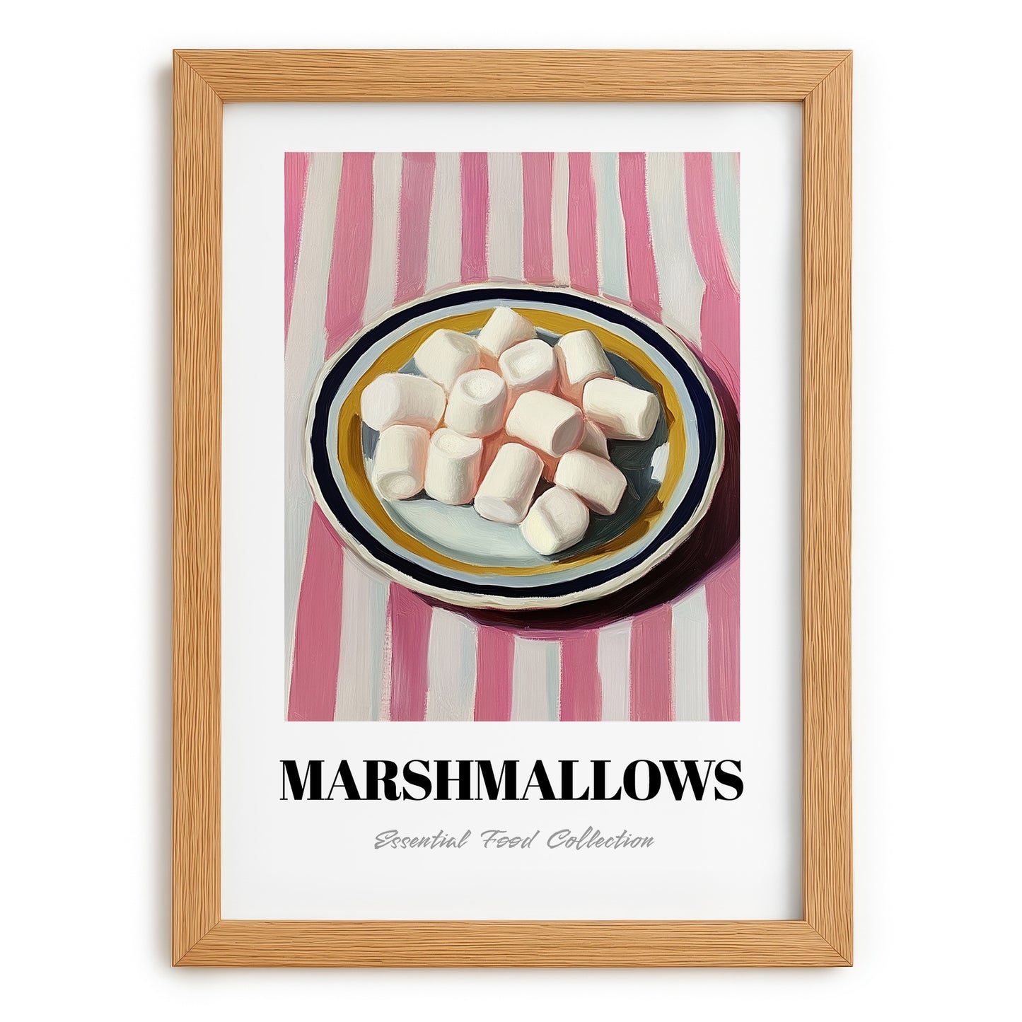 Marshmallows – on Striped Tablecloth, American Dessert Wall Illustration, set in oak frame