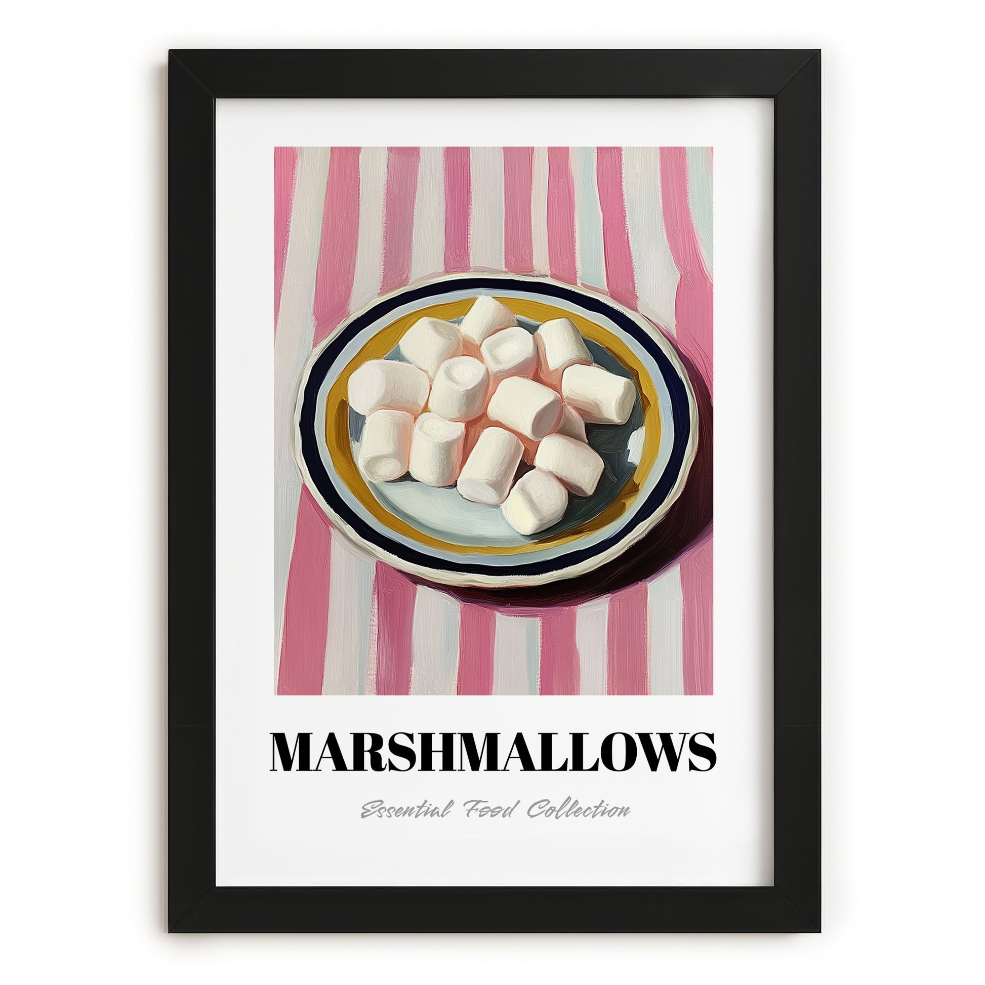 Marshmallows – on Striped Tablecloth, American Dessert Wall Illustration, in sleek black frame