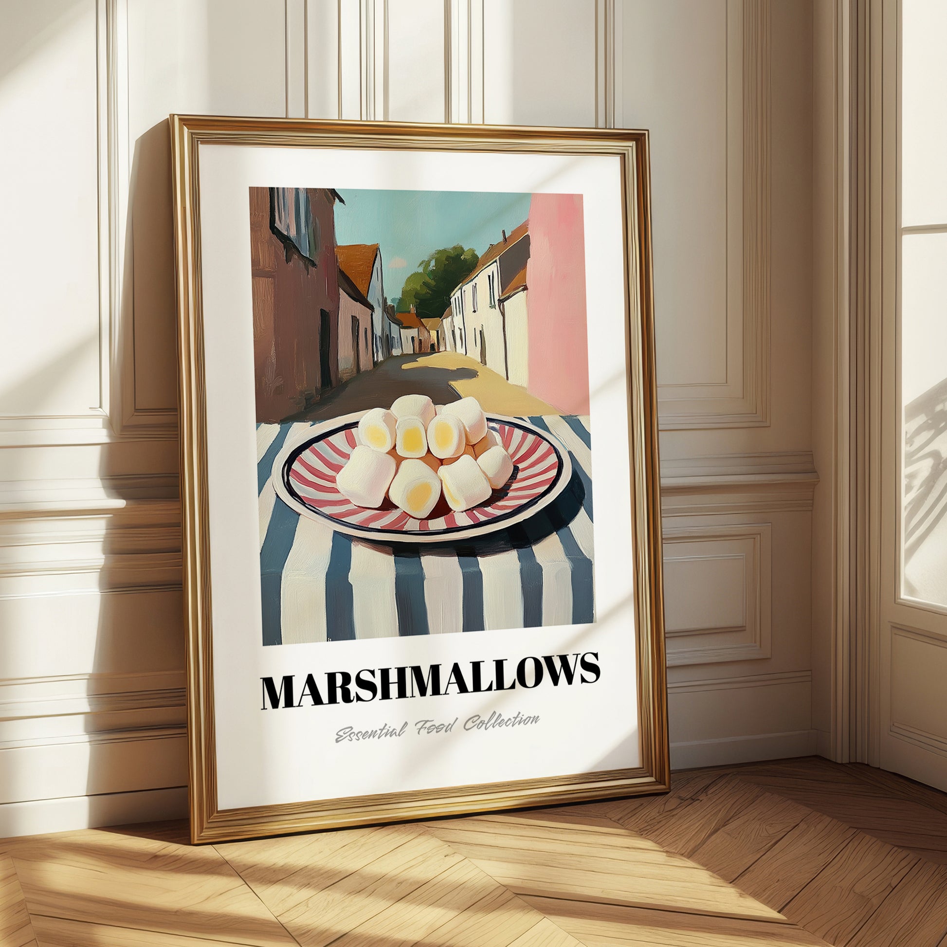 Marshmallows – English village Street Café Scene, American Dessert Wall Illustration 