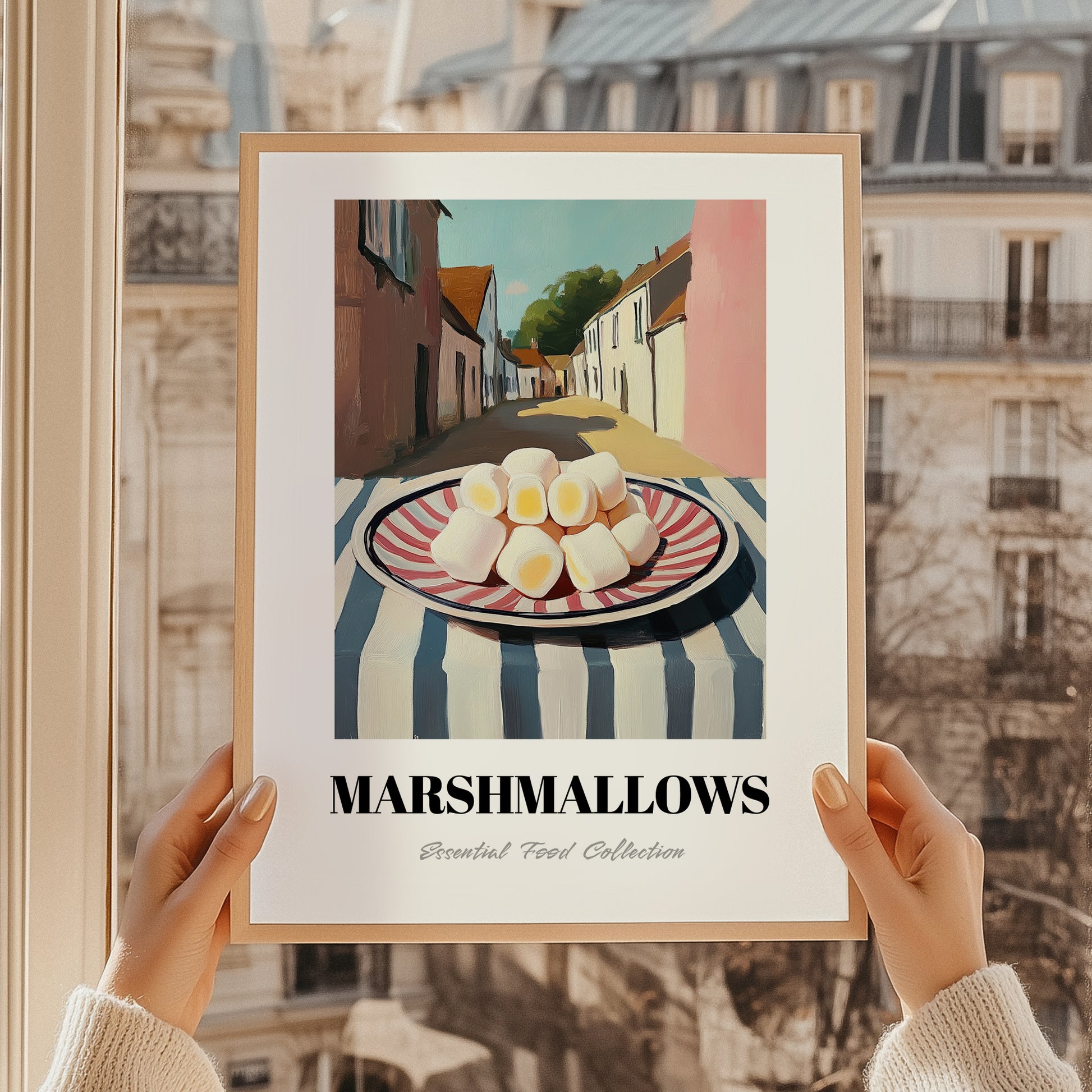Marshmallows – English village Street Café Scene, American Dessert Wall Illustration, styled in a charming Paris street view