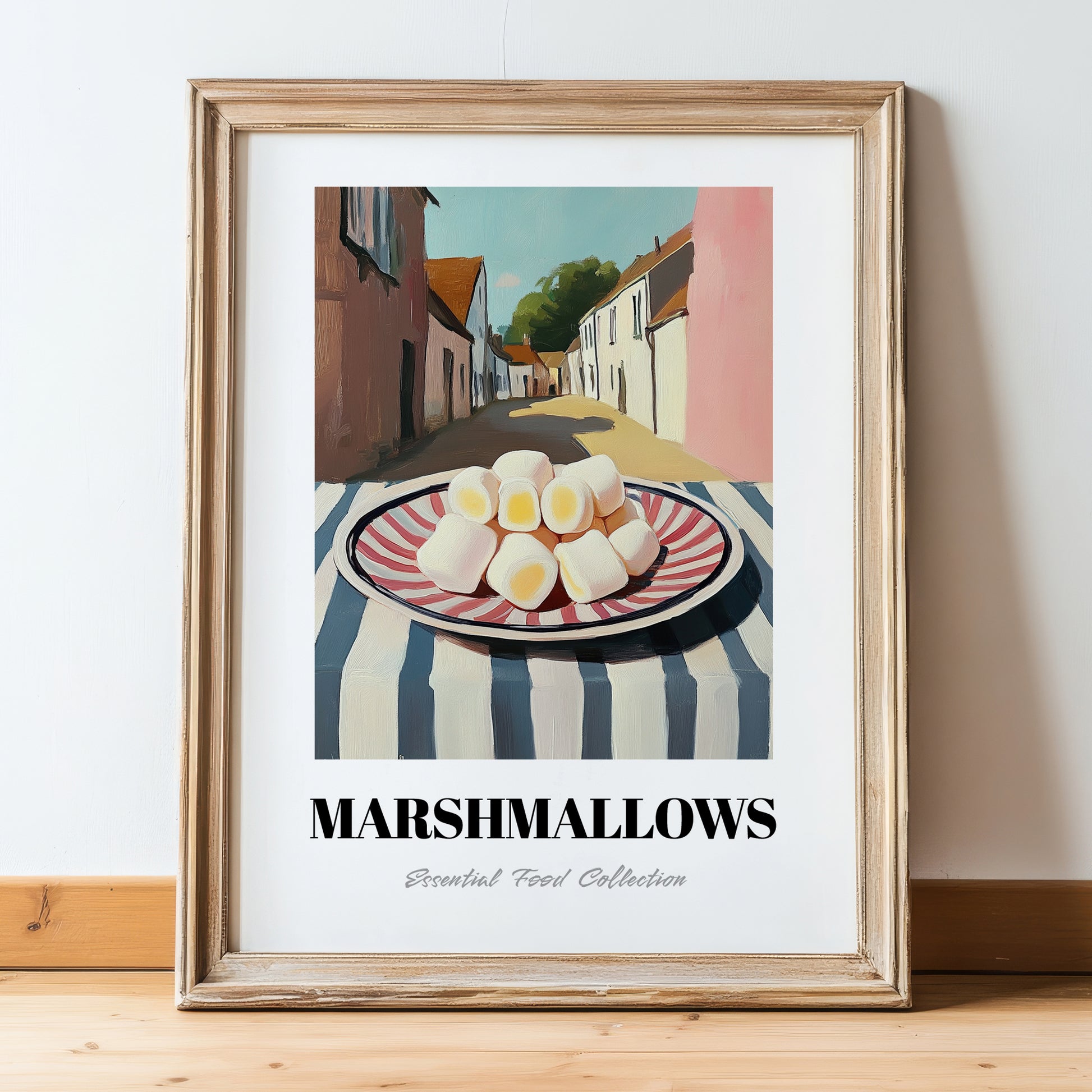 Marshmallows – English village Street Café Scene, American Dessert Wall Illustration, in wooden frame leaning on the floor