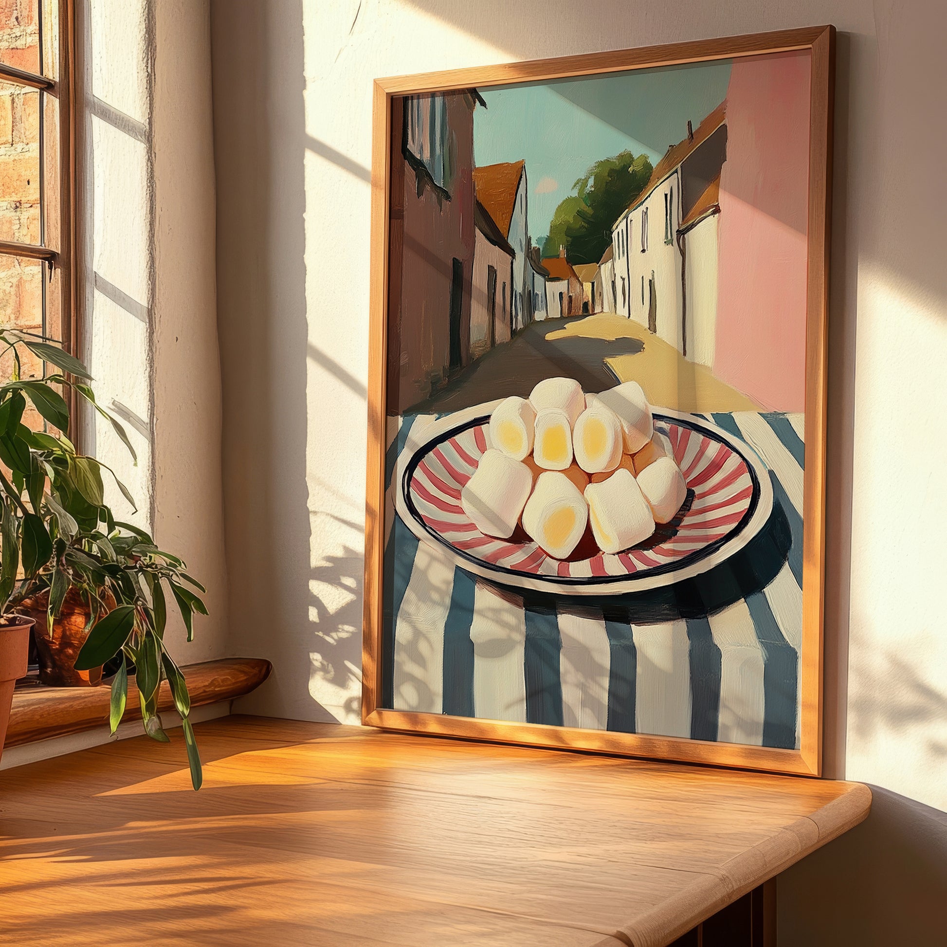 Marshmallows – English village Street Café Scene, American Dessert Wall Illustration, clean layout with no caption