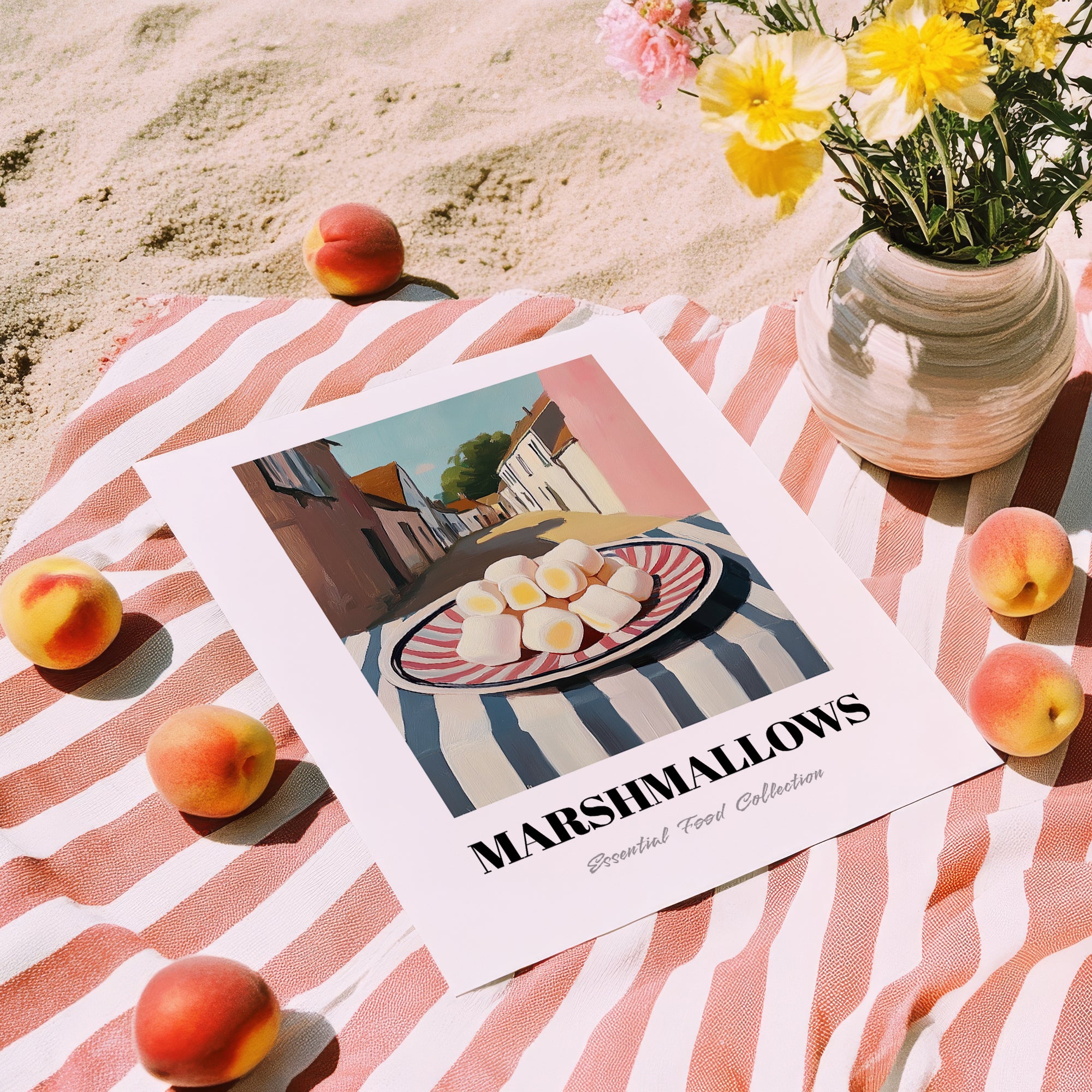 Marshmallows – English village Street Café Scene, American Dessert Wall Illustration, unframed on coastal sand