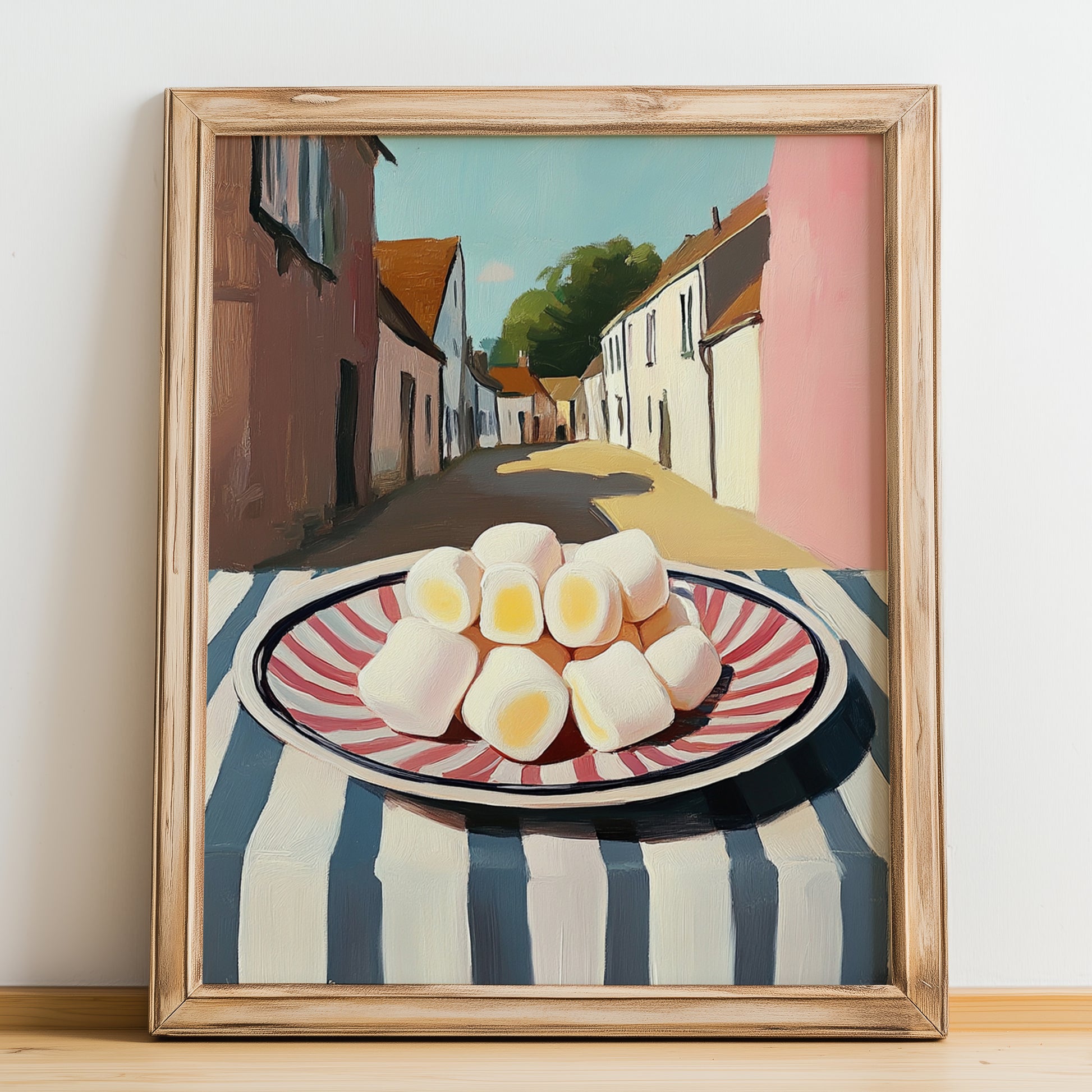 Marshmallows – English village Street Café Scene, American Dessert Wall Illustration, no-text version framed in wood