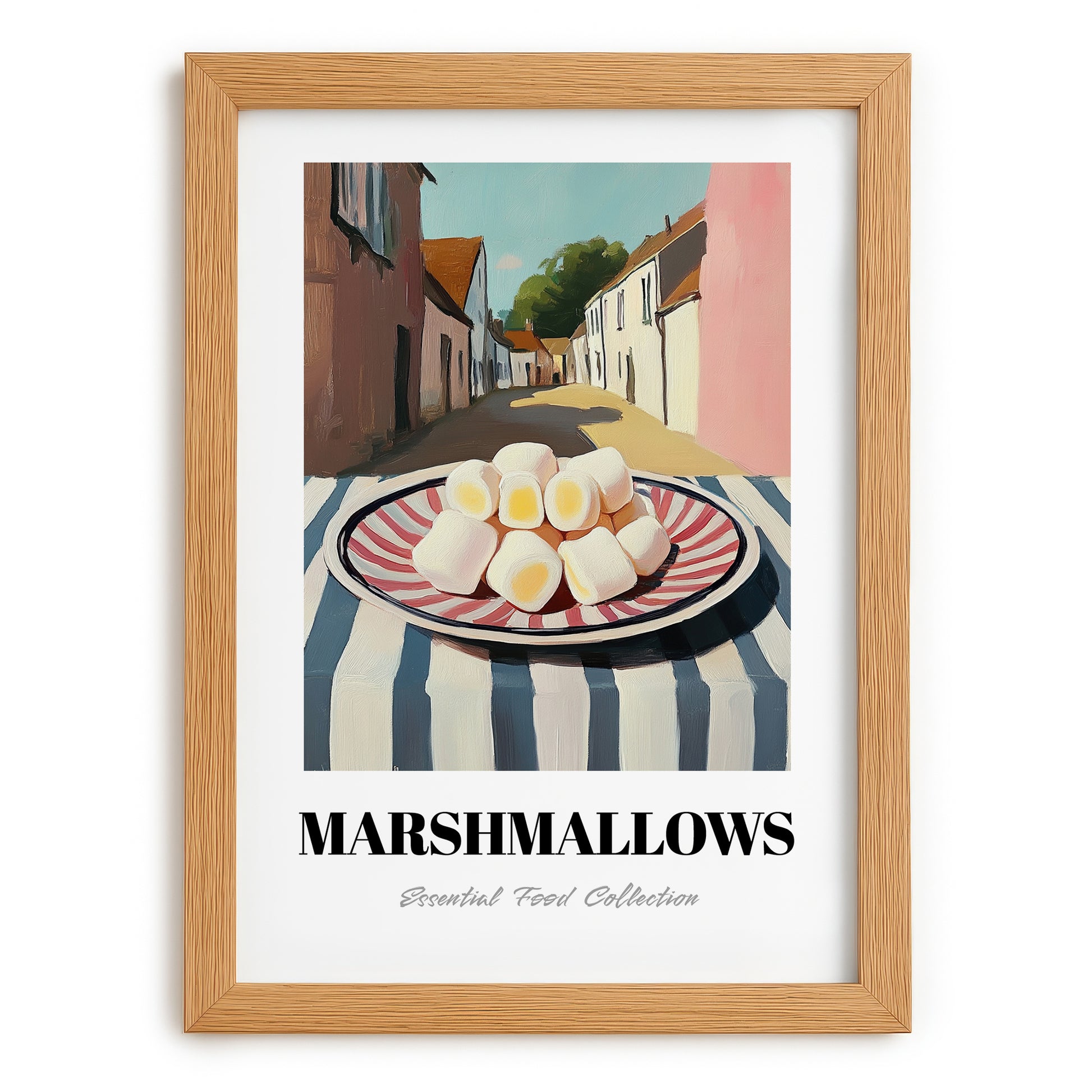 Marshmallows – English village Street Café Scene, American Dessert Wall Illustration, set in oak frame