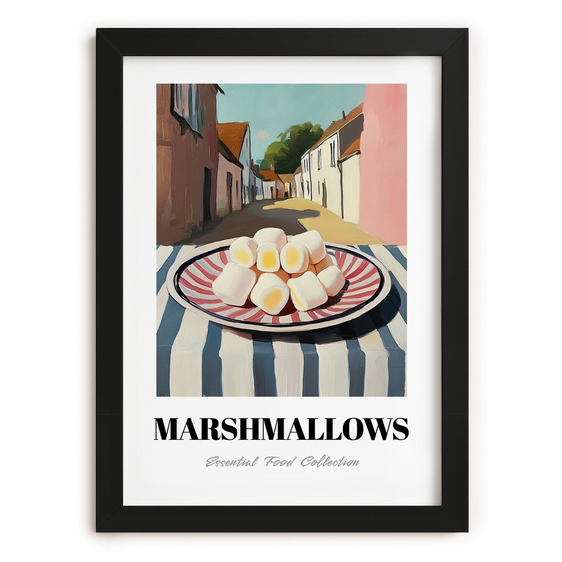 Marshmallows – English village Street Café Scene, American Dessert Wall Illustration, in sleek black frame