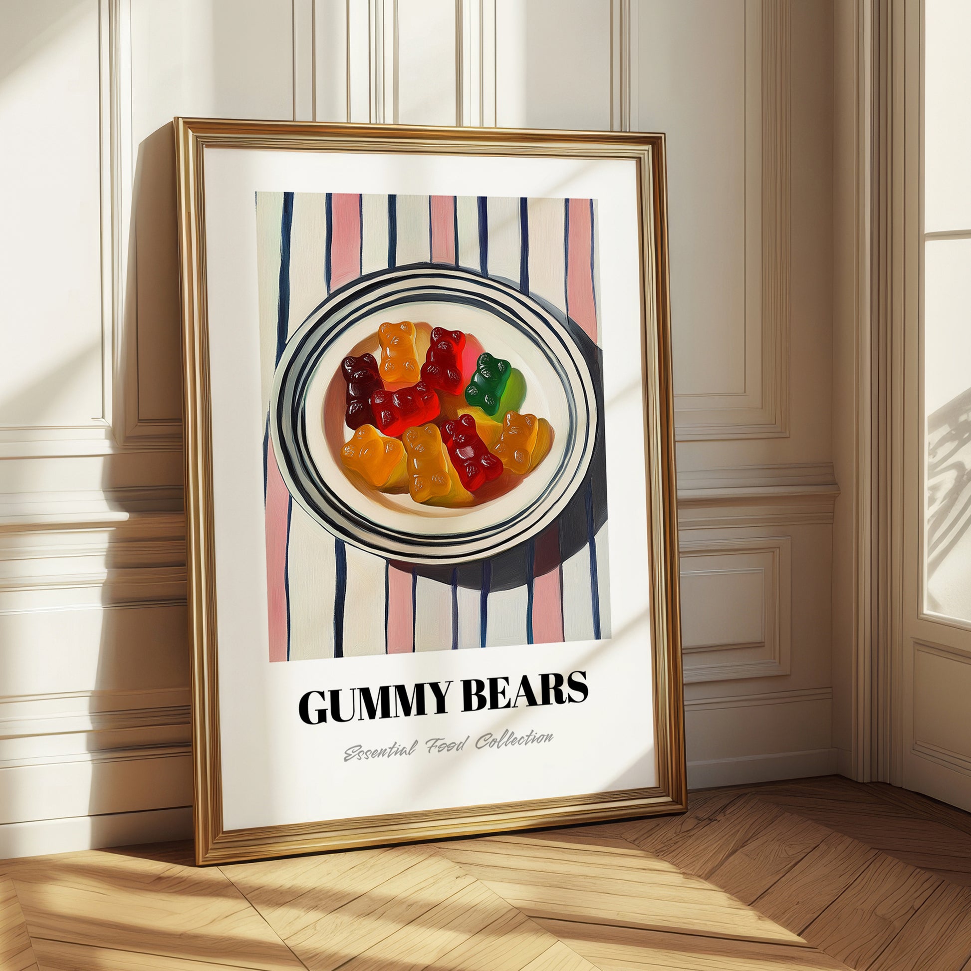 Gummy Bears – on Striped Tablecloth, German Dessert Wall Art 