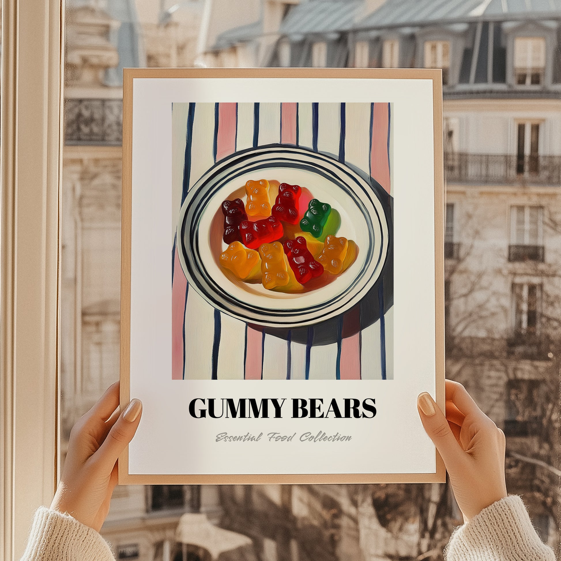 Gummy Bears – on Striped Tablecloth, German Dessert Wall Art, styled in a charming Paris street view