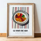Gummy Bears – on Striped Tablecloth, German Dessert Wall Art, in wooden frame leaning on the floor