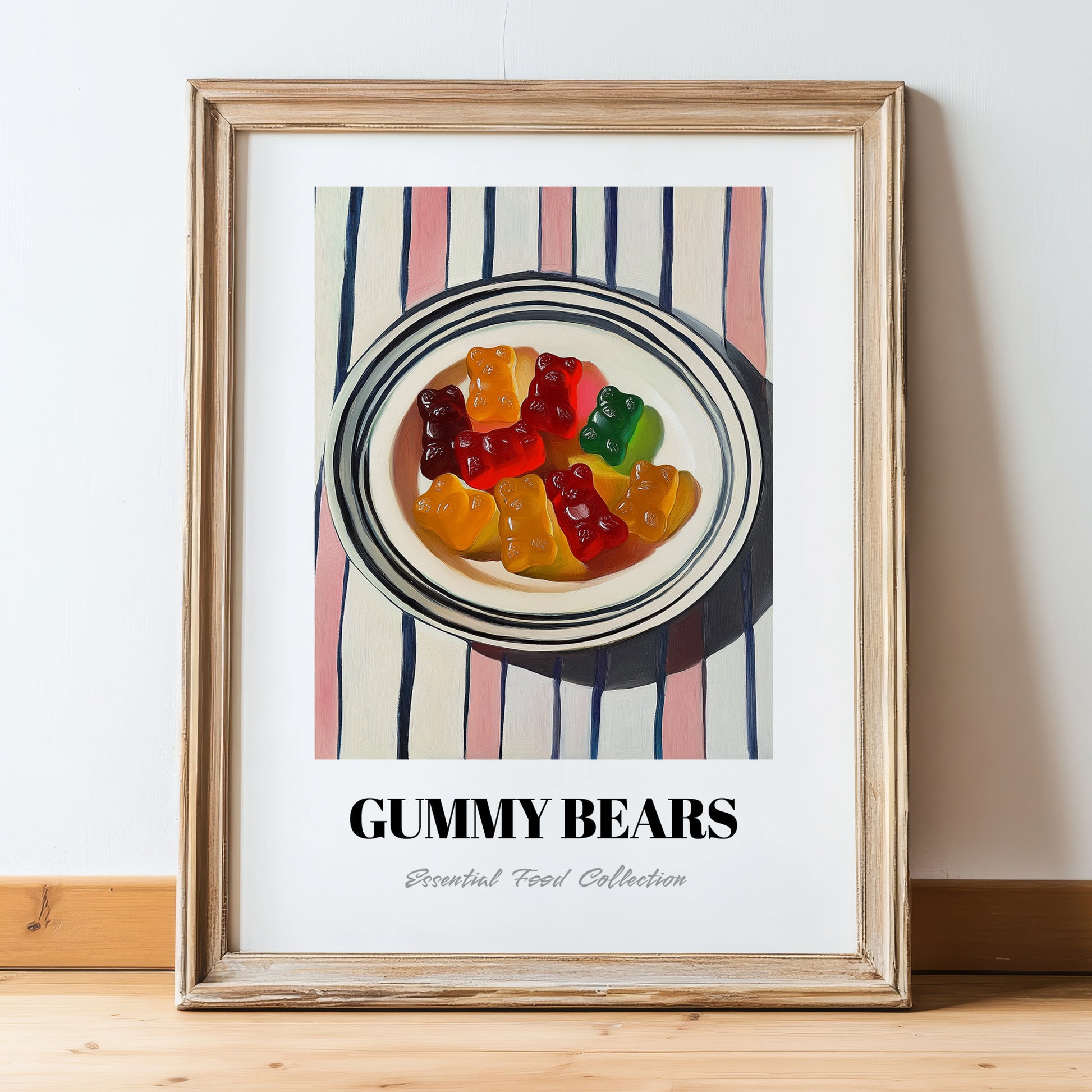 Gummy Bears – on Striped Tablecloth, German Dessert Wall Art, in wooden frame leaning on the floor