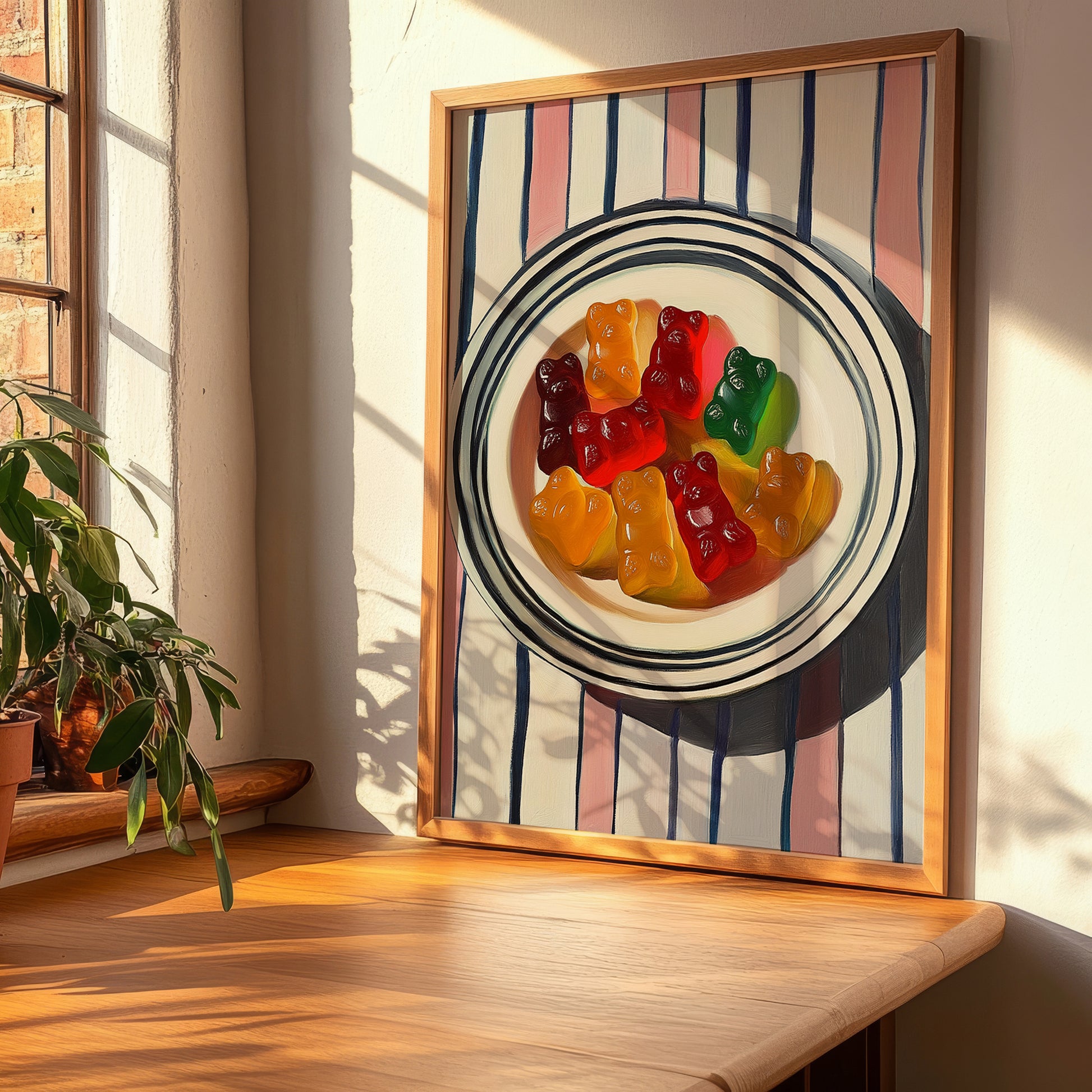 Gummy Bears – on Striped Tablecloth, German Dessert Wall Art, clean layout with no caption