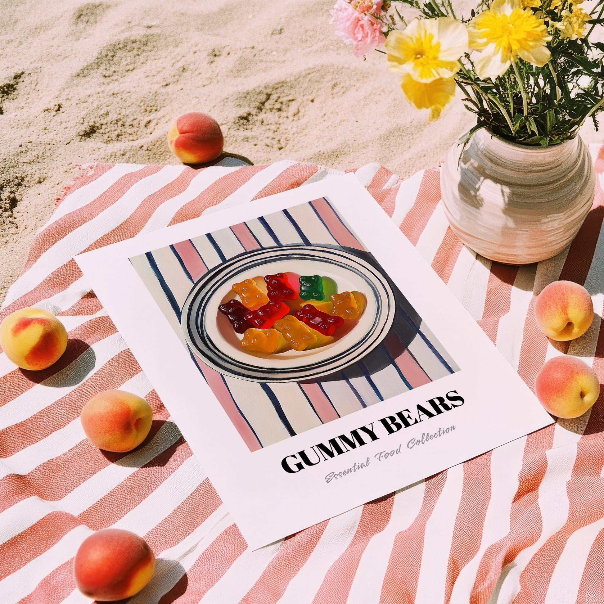 Gummy Bears – on Striped Tablecloth, German Dessert Wall Art, unframed on coastal sand