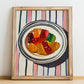 Gummy Bears – on Striped Tablecloth, German Dessert Wall Art, no-text version framed in wood