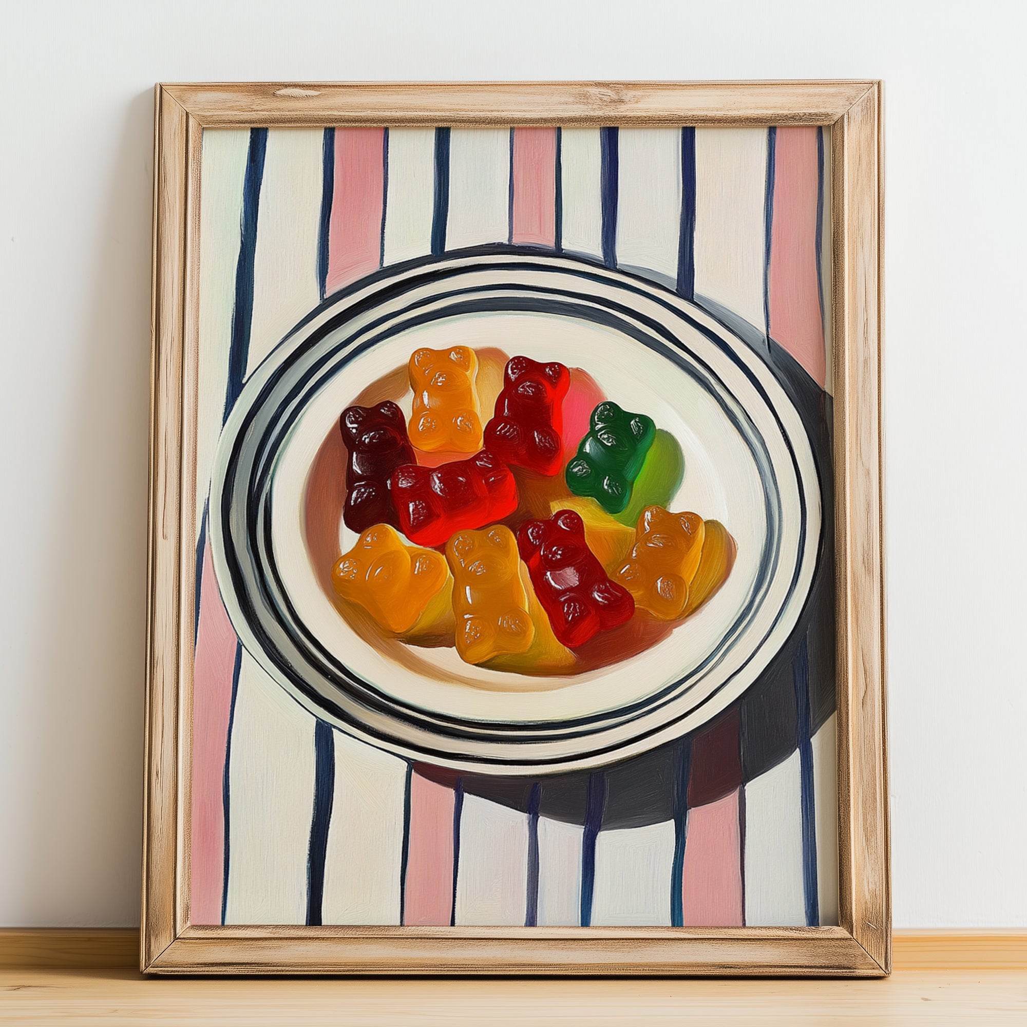 Gummy Bears – on Striped Tablecloth, German Dessert Wall Art, no-text version framed in wood