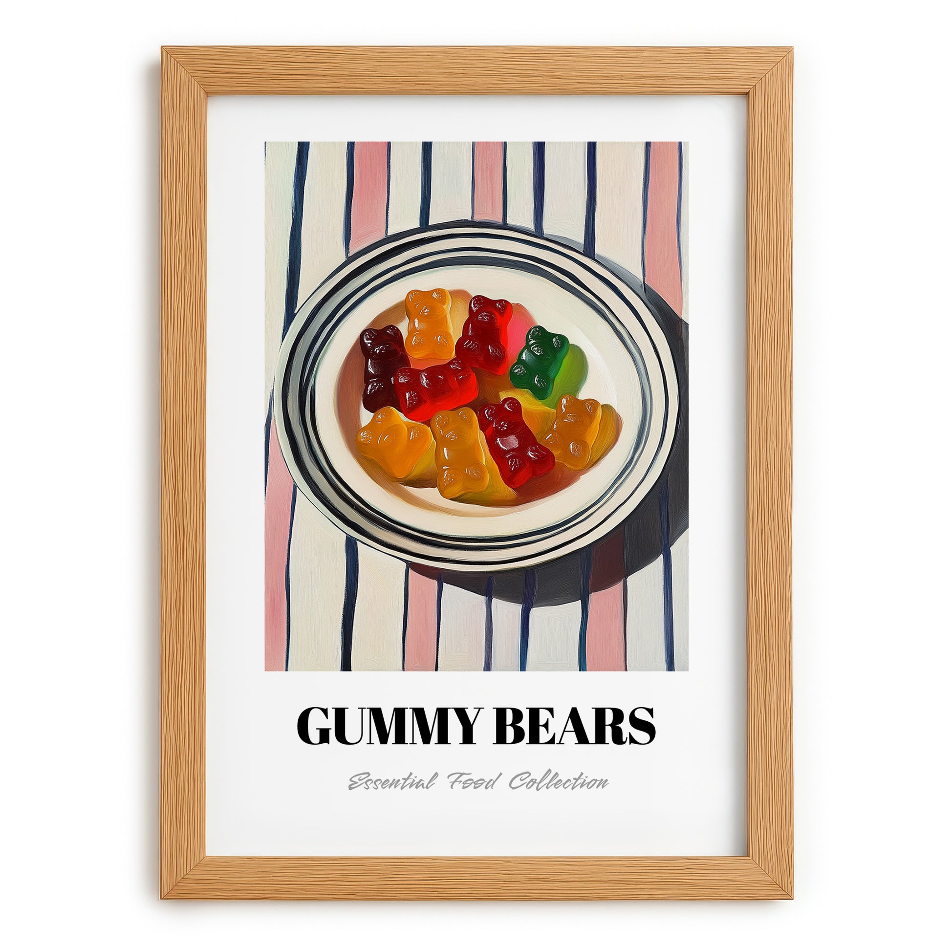Gummy Bears – on Striped Tablecloth, German Dessert Wall Art, set in oak frame