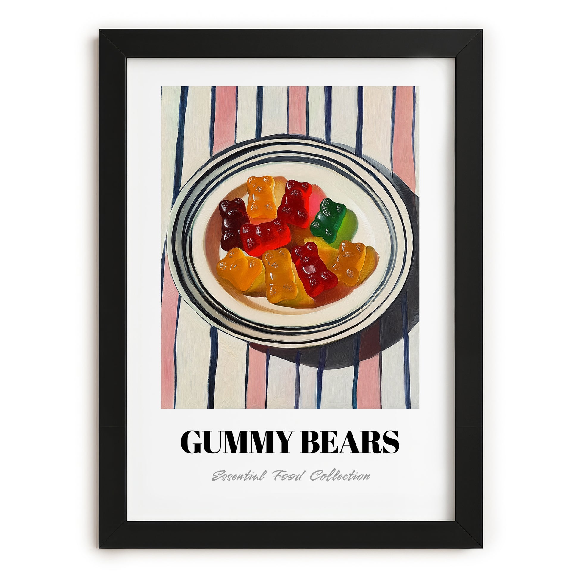 Gummy Bears – on Striped Tablecloth, German Dessert Wall Art, in sleek black frame