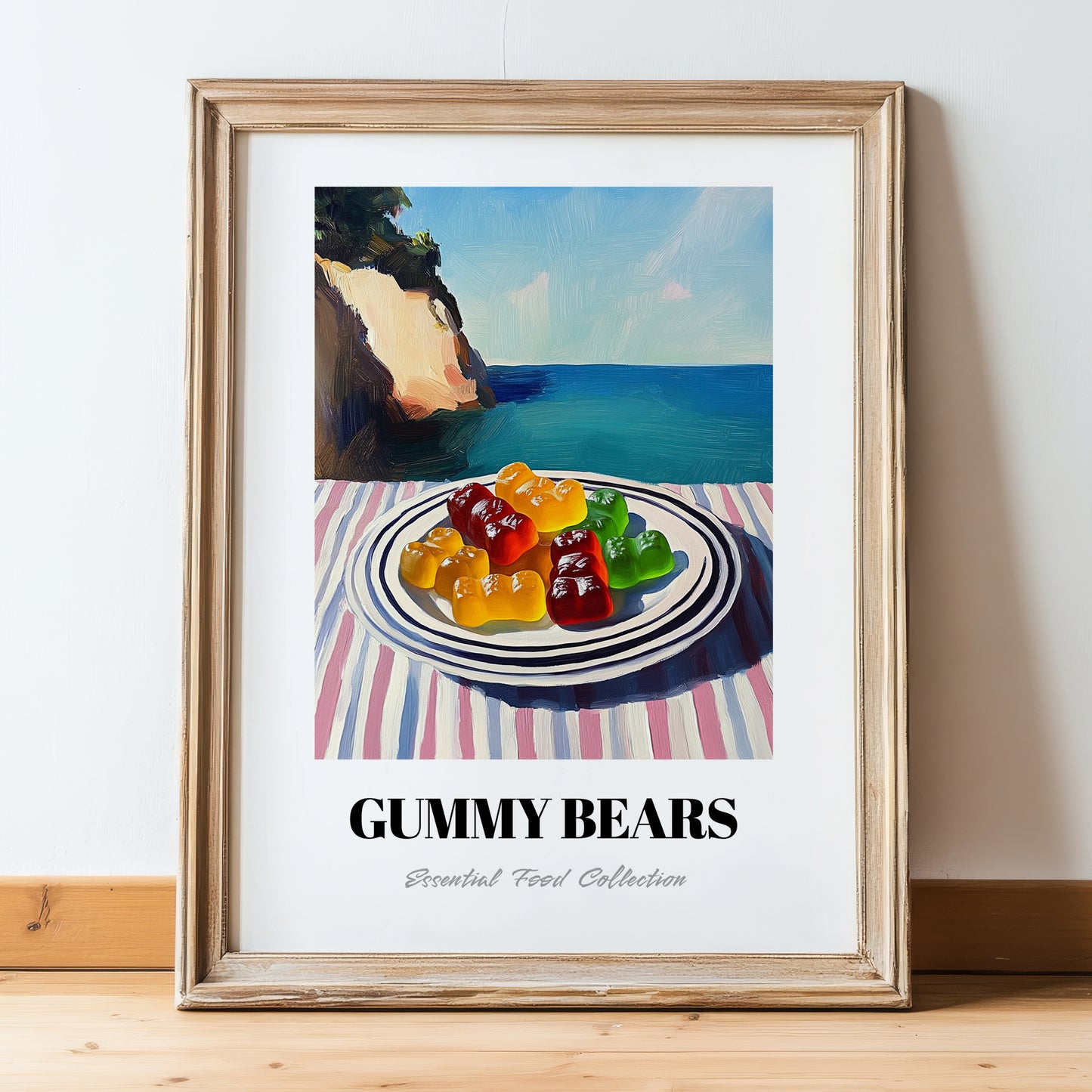 Gummy Bears – Coastal Café Moment, German Dessert Wall Decor, in wooden frame leaning on the floor
