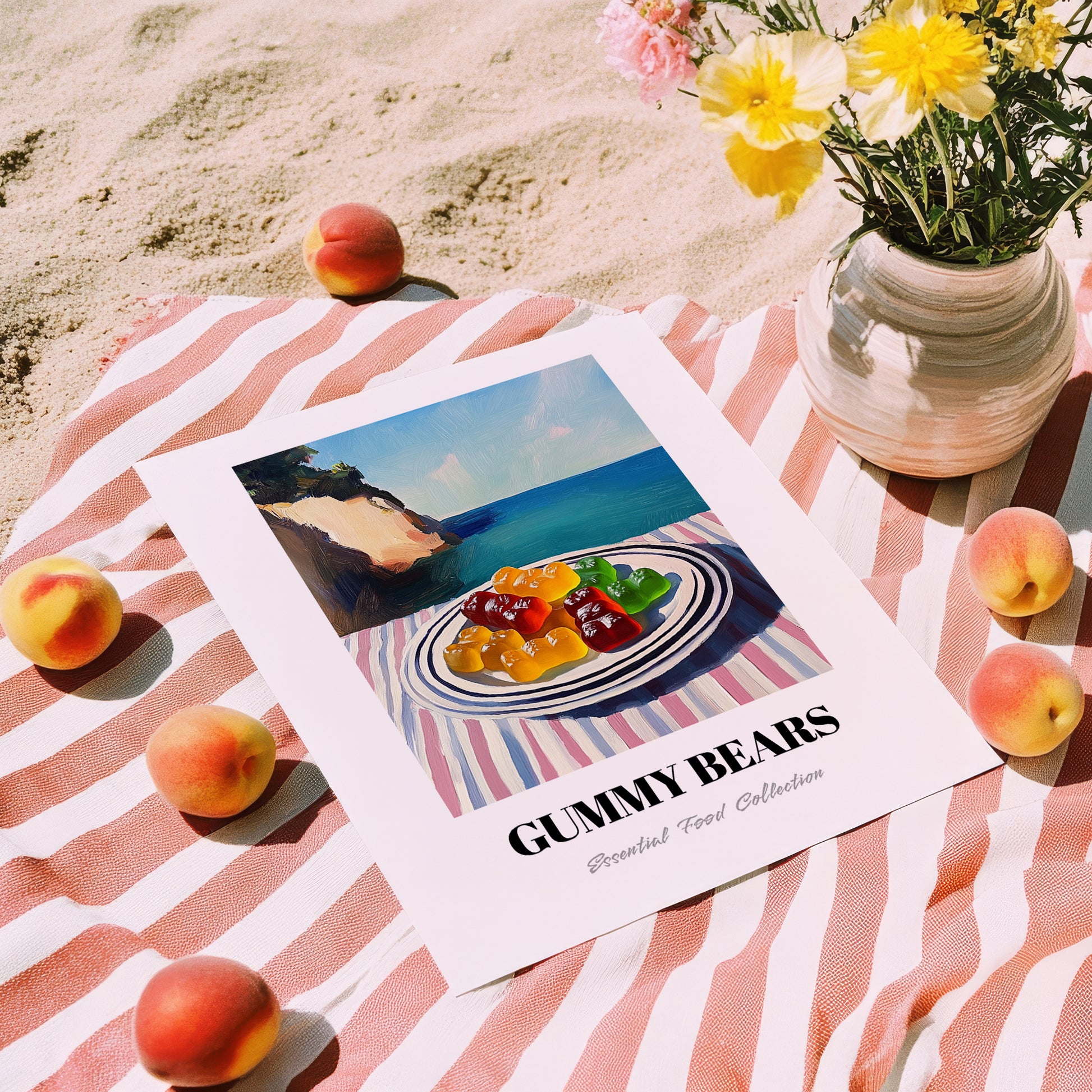 Gummy Bears – Coastal Café Moment, German Dessert Wall Decor, unframed on coastal sand