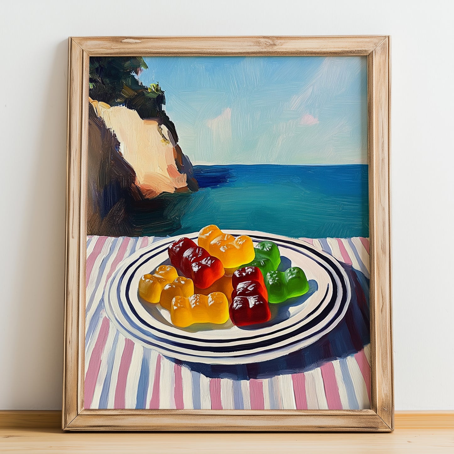 Gummy Bears – Coastal Café Moment, German Dessert Wall Decor, no-text version framed in wood