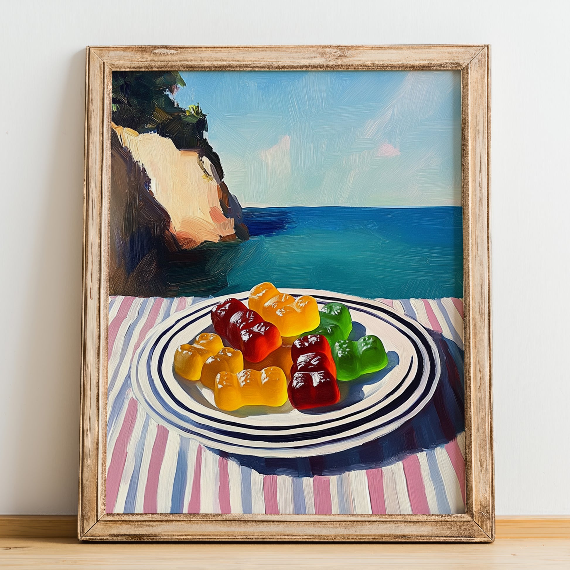 Gummy Bears – Coastal Café Moment, German Dessert Wall Decor, no-text version framed in wood