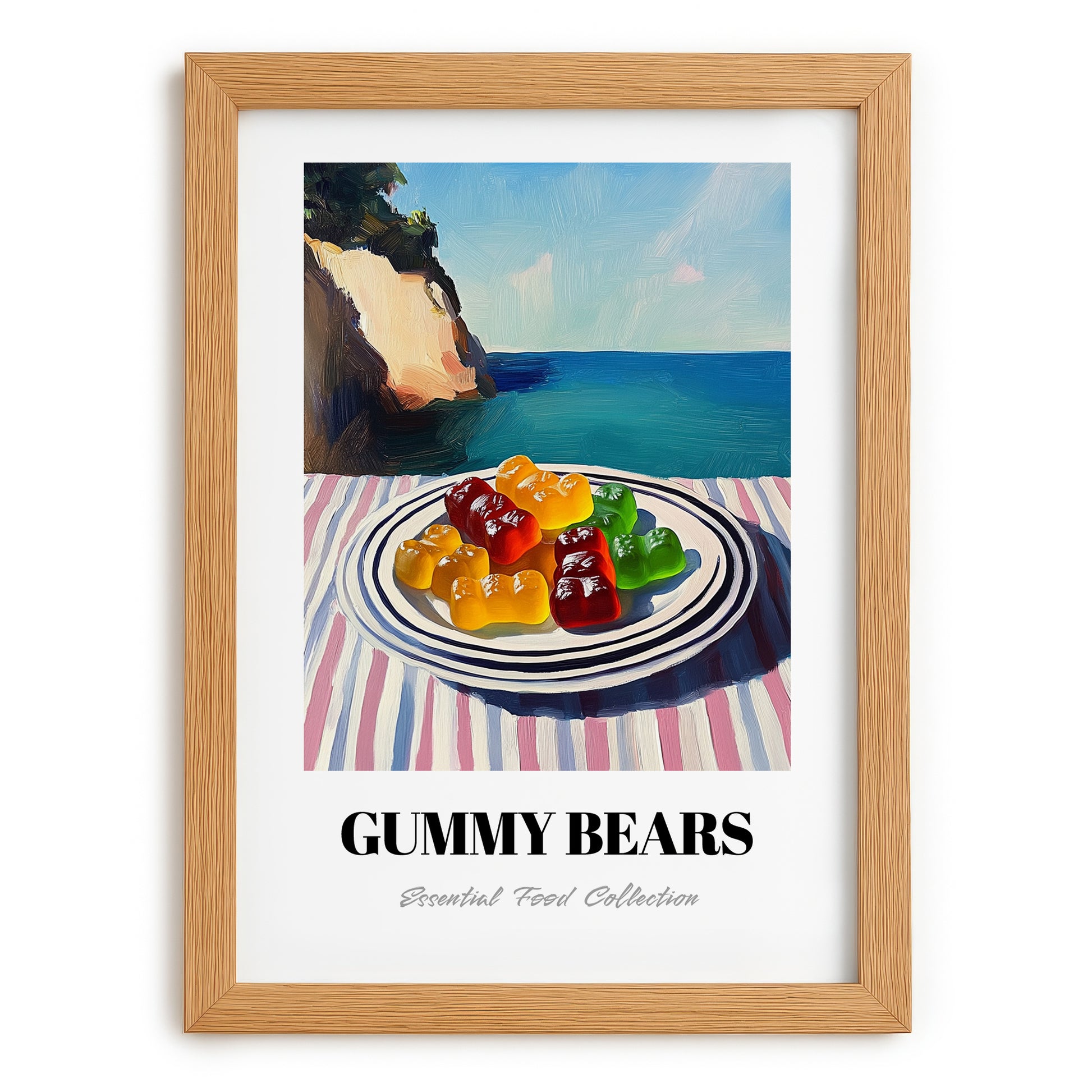 Gummy Bears – Coastal Café Moment, German Dessert Wall Decor, set in oak frame