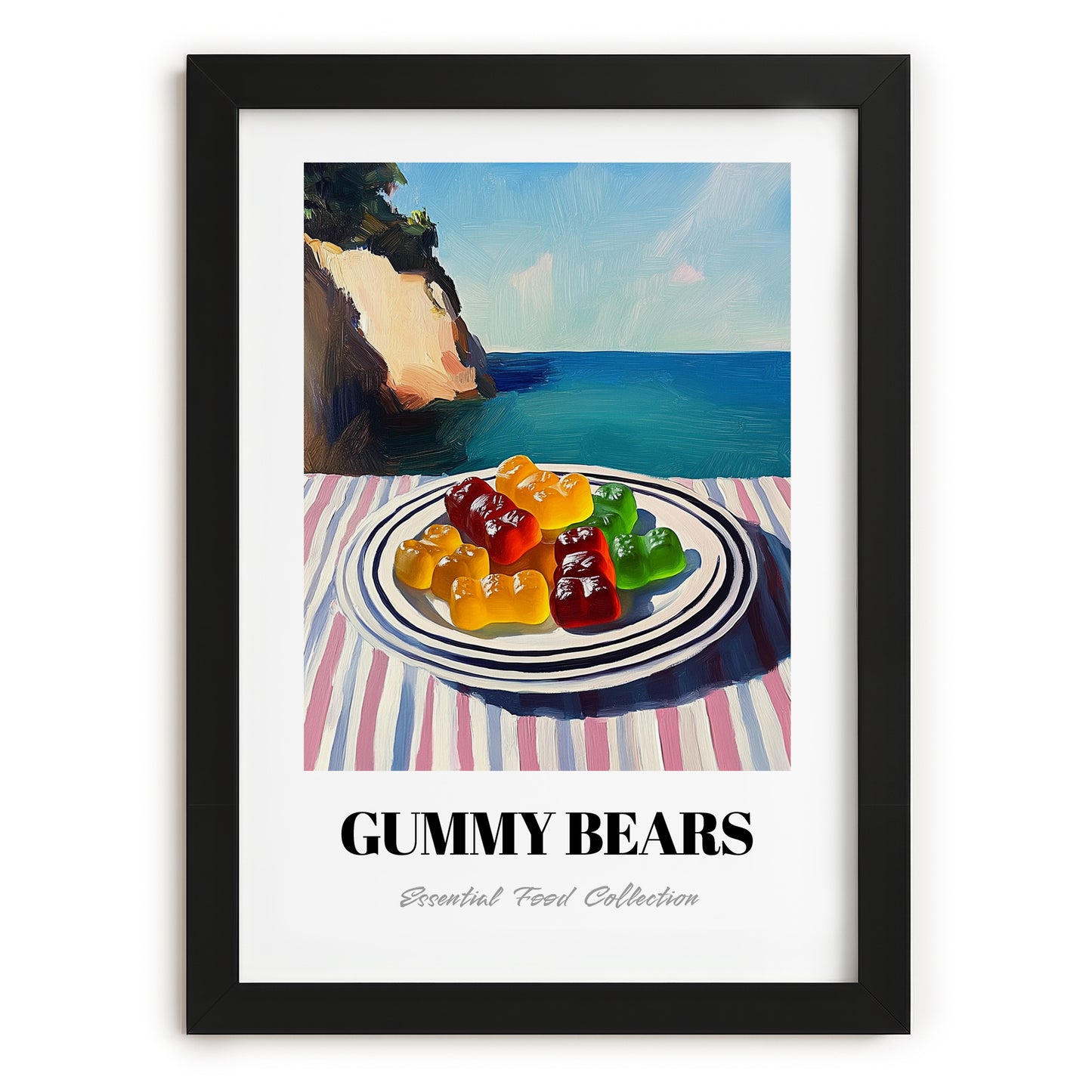 Gummy Bears – Coastal Café Moment, German Dessert Wall Decor, in sleek black frame