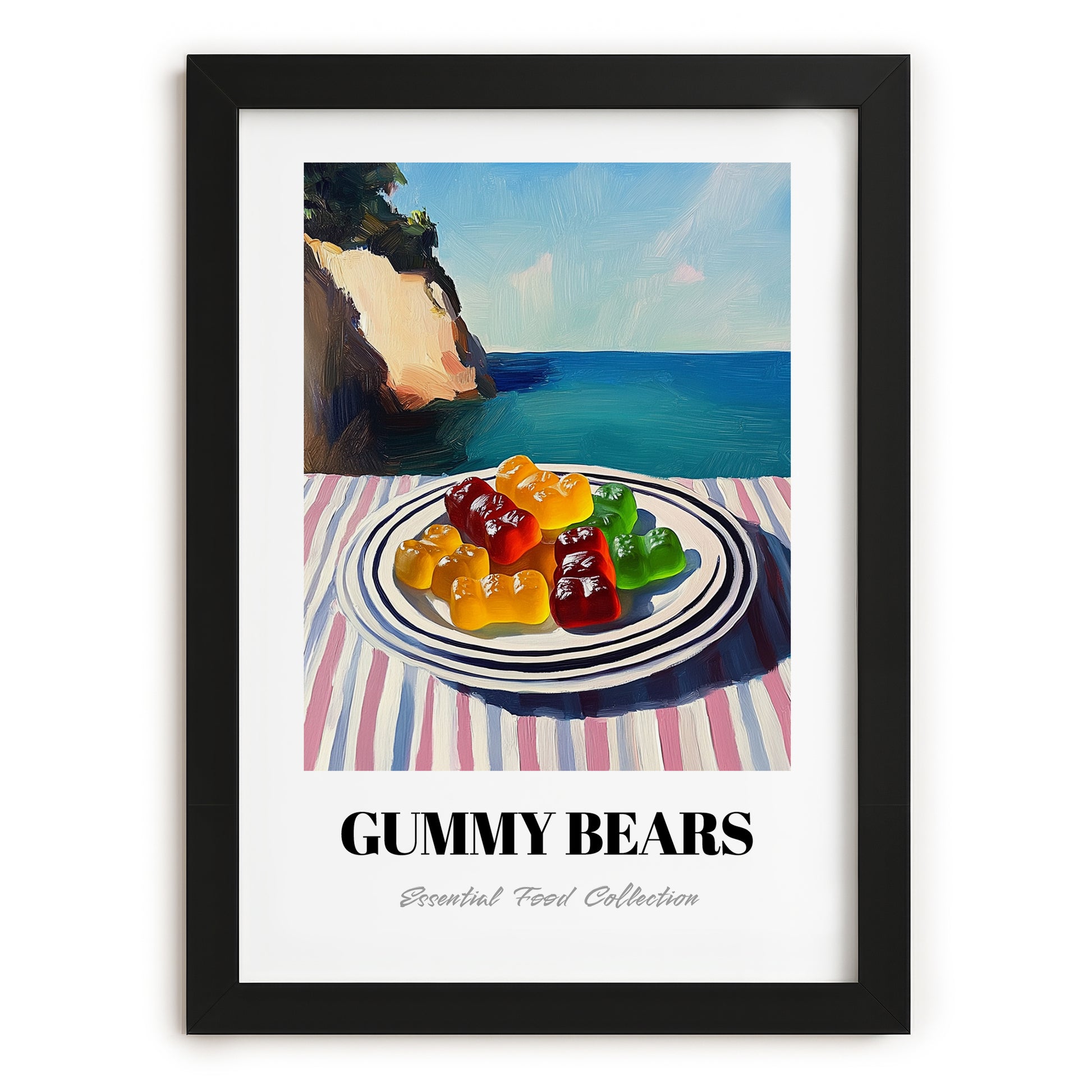 Gummy Bears – Coastal Café Moment, German Dessert Wall Decor, in sleek black frame
