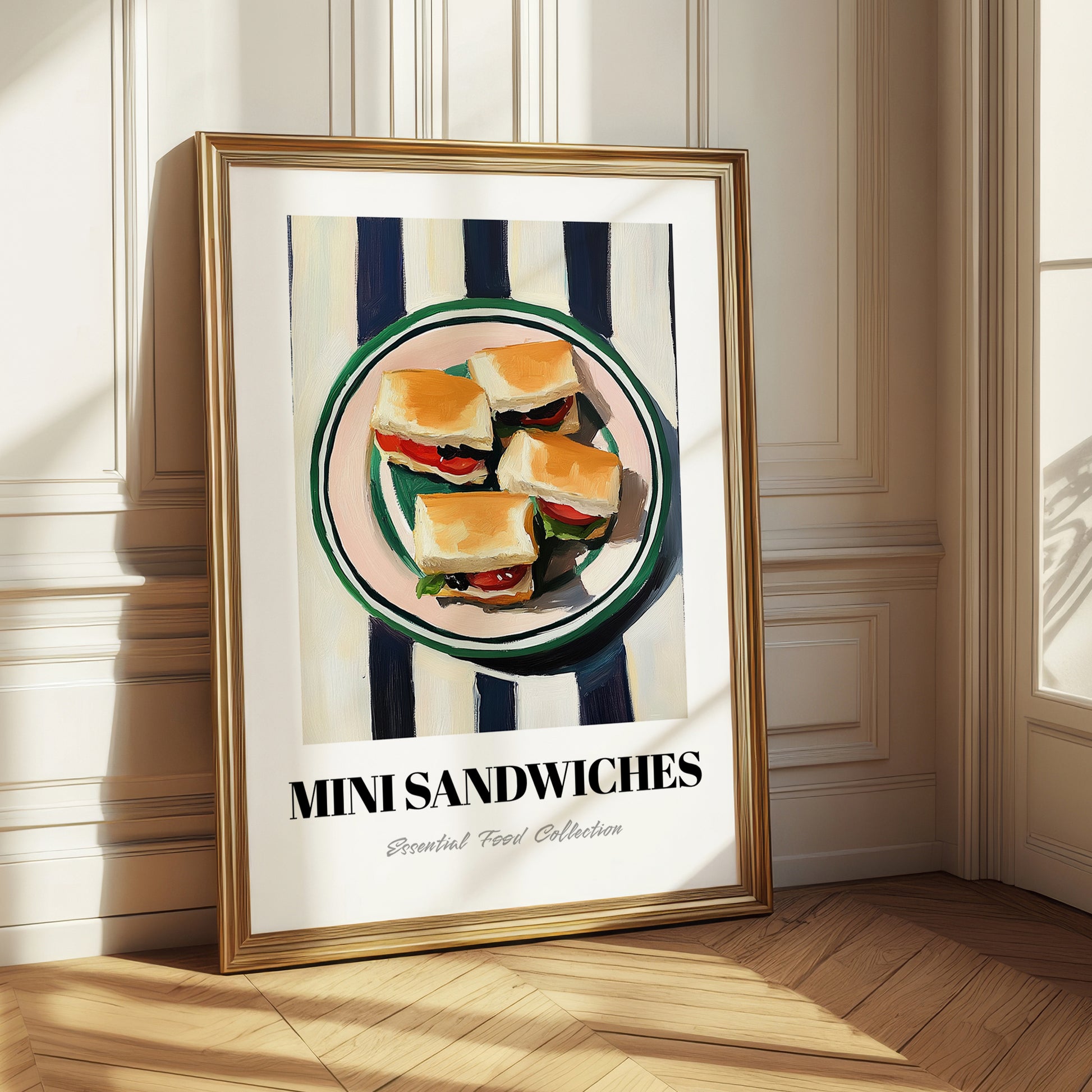 Mini Sandwiches – on Striped Tablecloth, British Food Wall Art