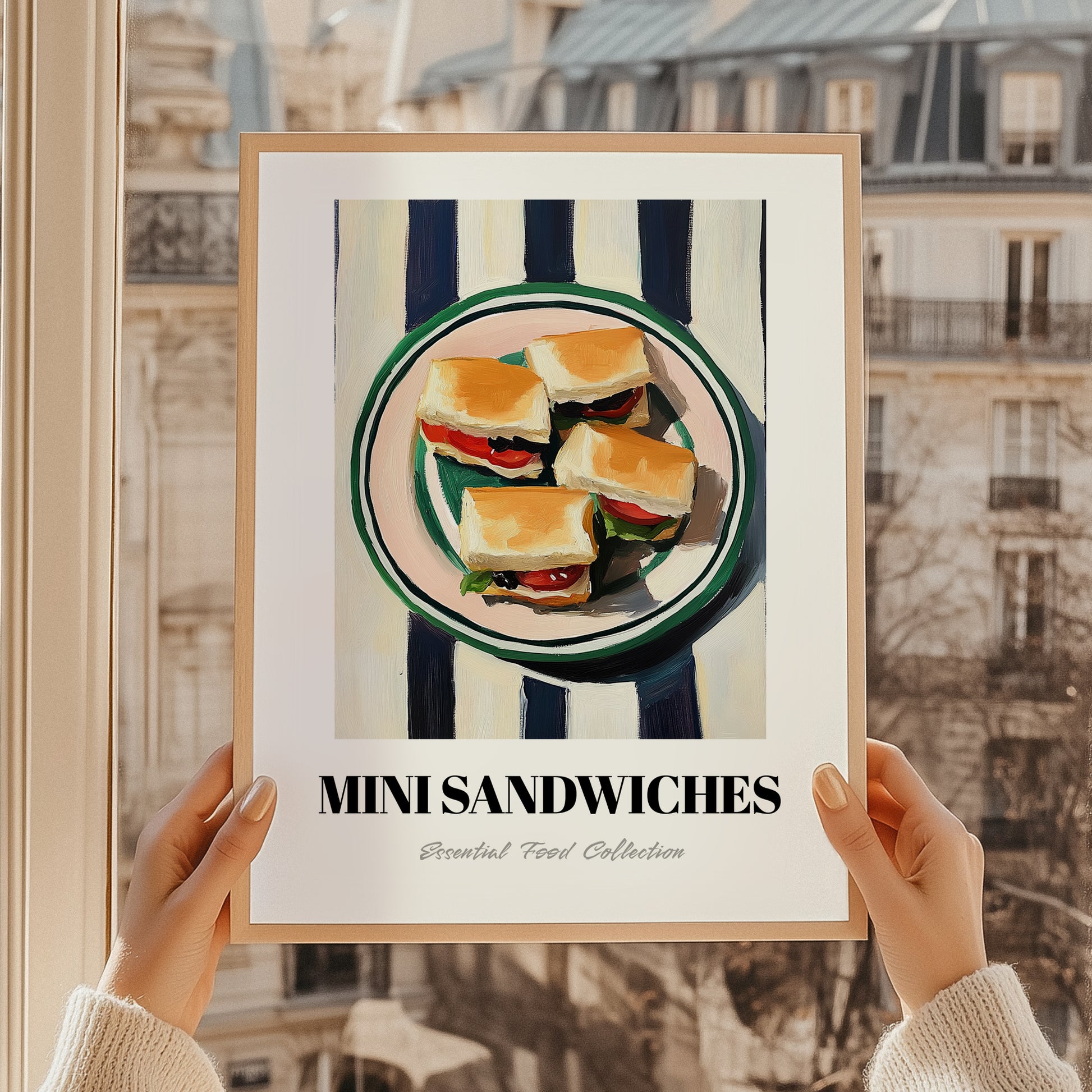 Mini Sandwiches – on Striped Tablecloth, British Food Wall Art, styled in a charming Paris street view