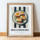 Mini Sandwiches – on Striped Tablecloth, British Food Wall Art, in wooden frame leaning on the floor