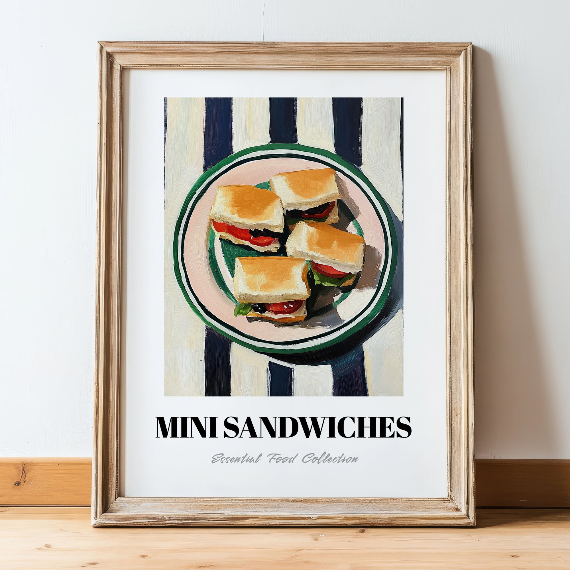 Mini Sandwiches – on Striped Tablecloth, British Food Wall Art, in wooden frame leaning on the floor