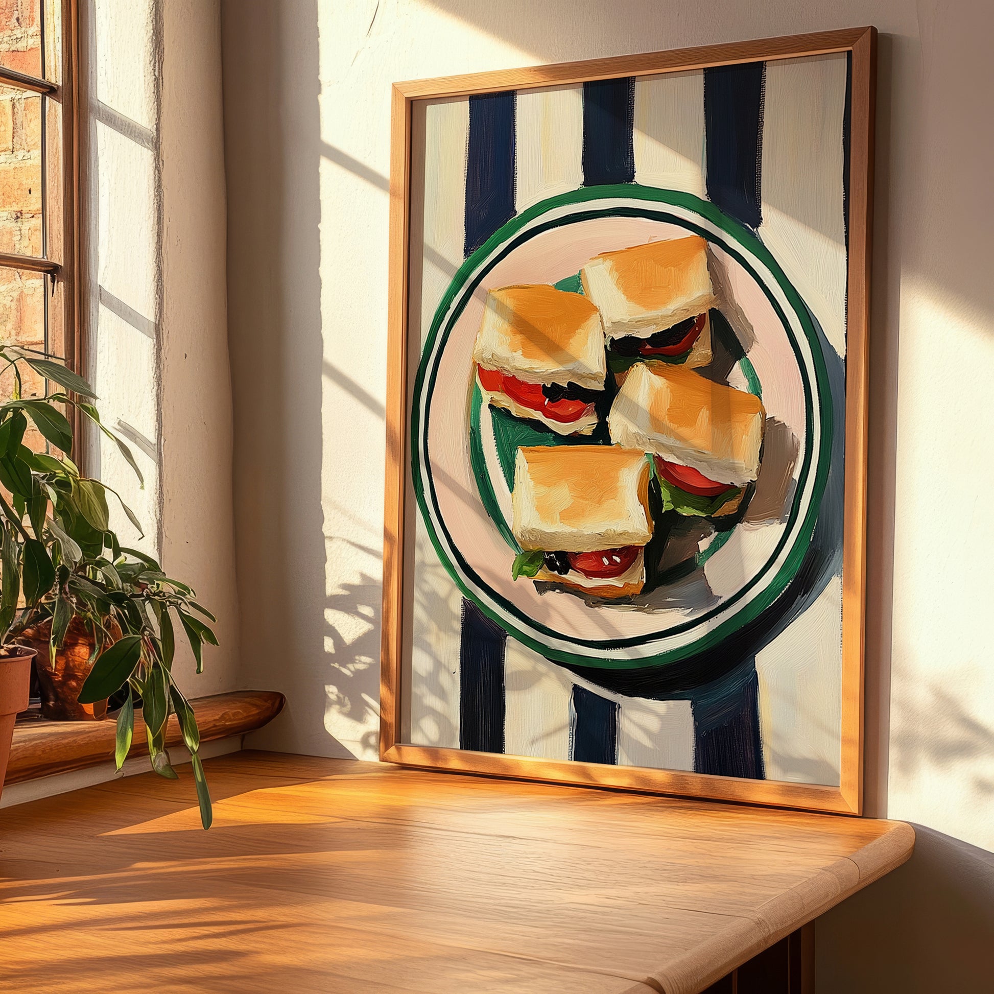 Mini Sandwiches – on Striped Tablecloth, British Food Wall Art, clean layout with no caption