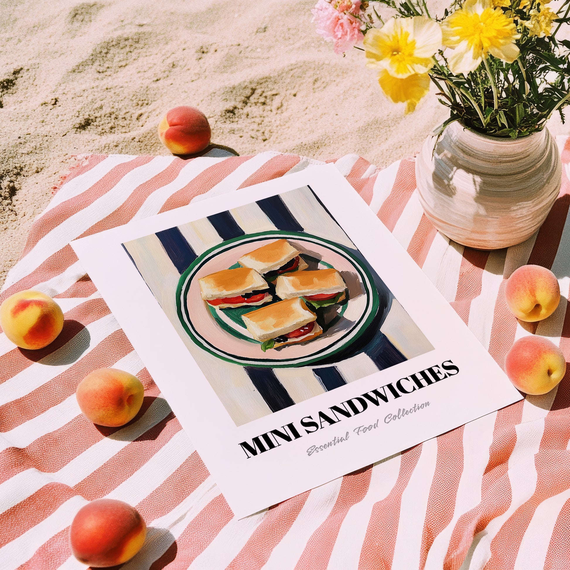 Mini Sandwiches – on Striped Tablecloth, British Food Wall Art, unframed on coastal sand