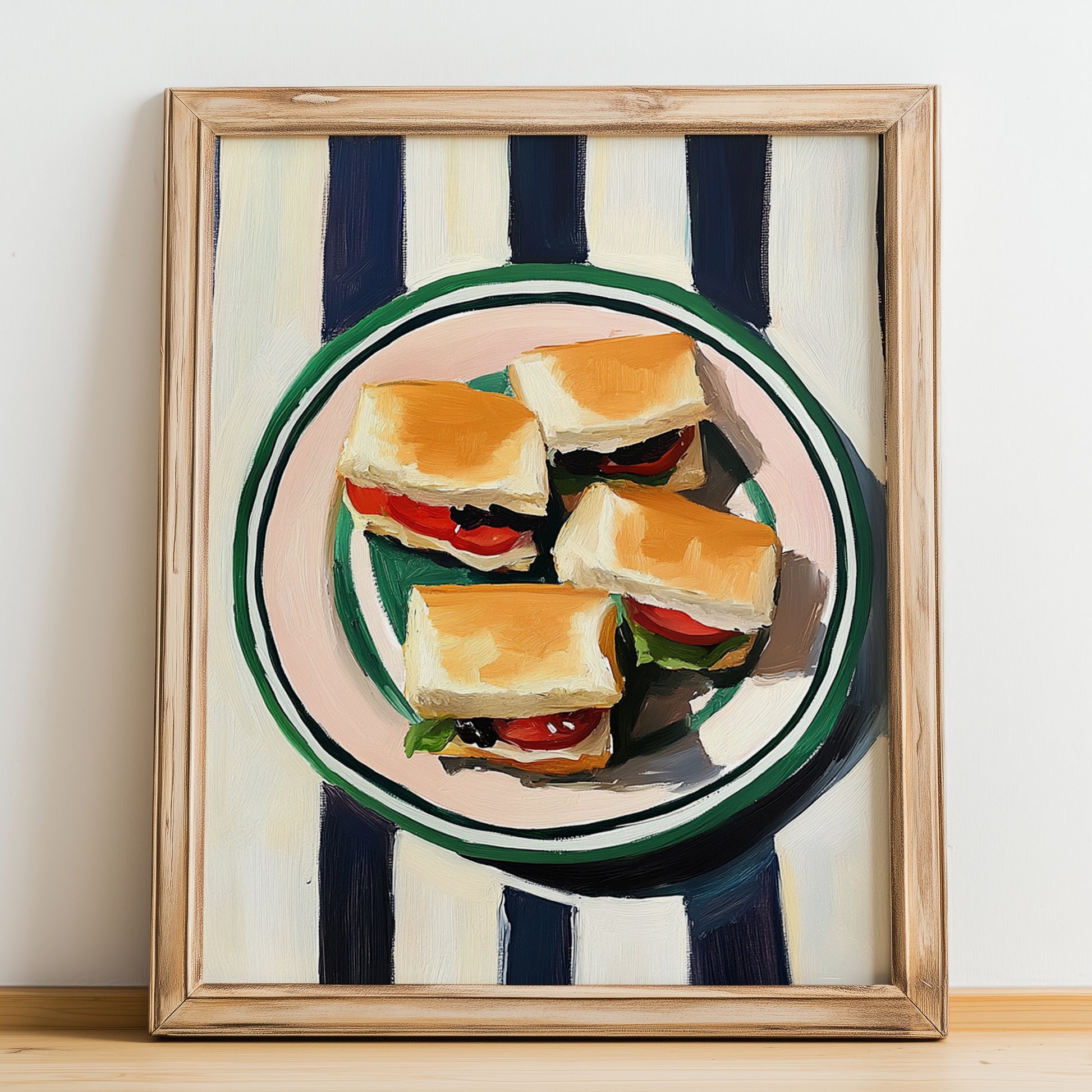 Mini Sandwiches – on Striped Tablecloth, British Food Wall Art, no-text version framed in wood