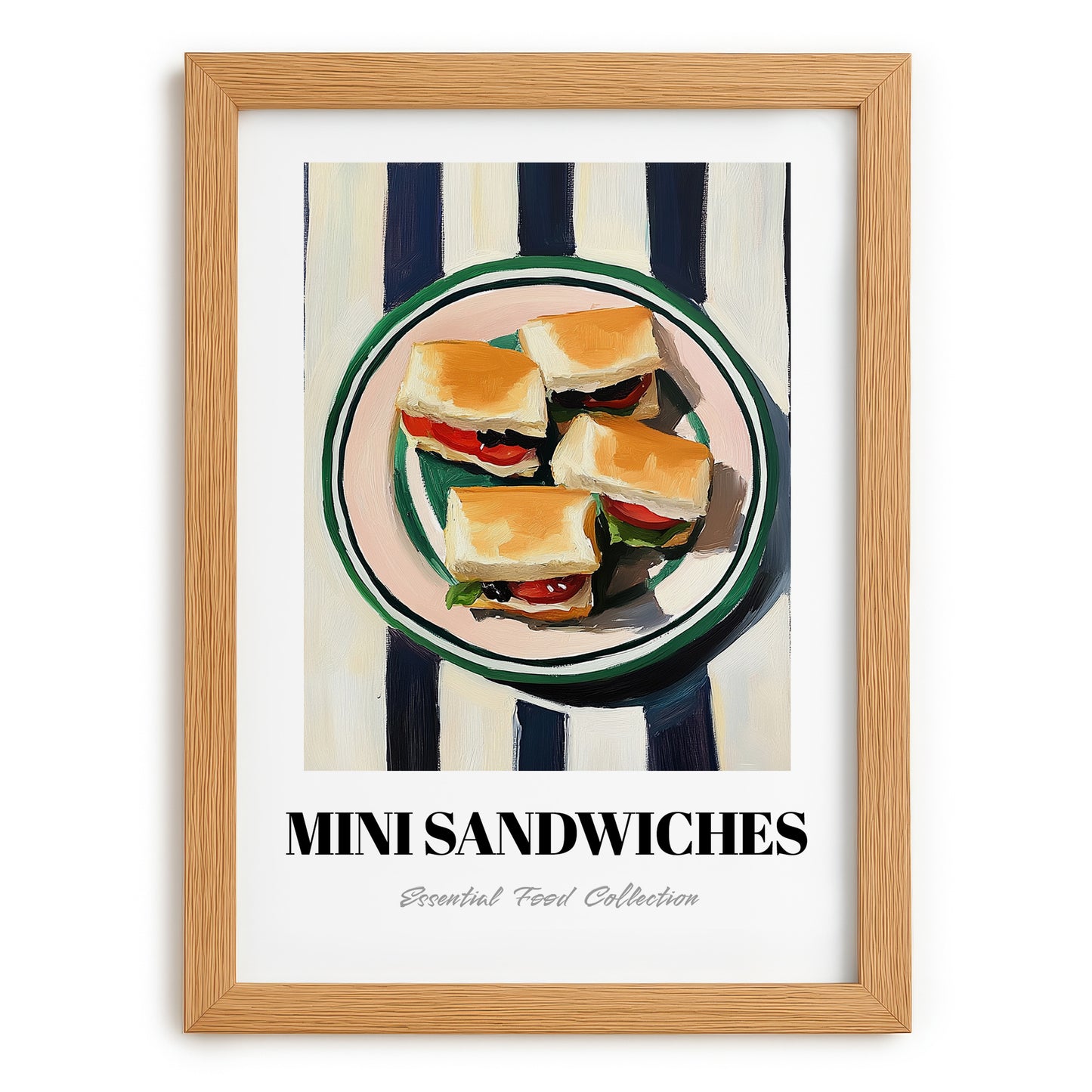 Mini Sandwiches – on Striped Tablecloth, British Food Wall Art, set in oak frame
