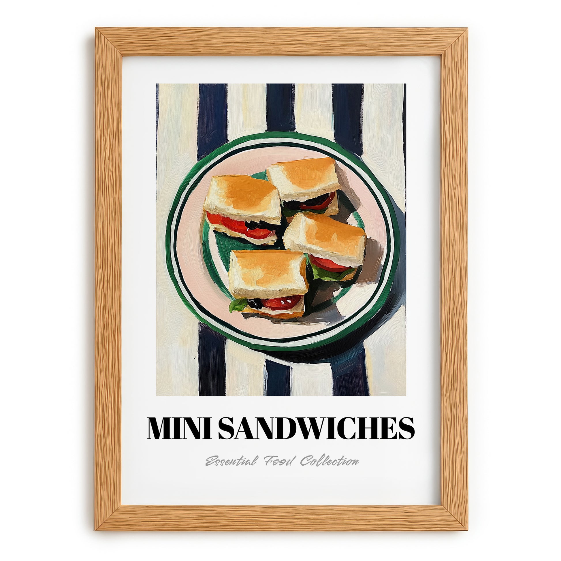 Mini Sandwiches – on Striped Tablecloth, British Food Wall Art, set in oak frame