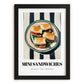 Mini Sandwiches – on Striped Tablecloth, British Food Wall Art, in sleek black frame