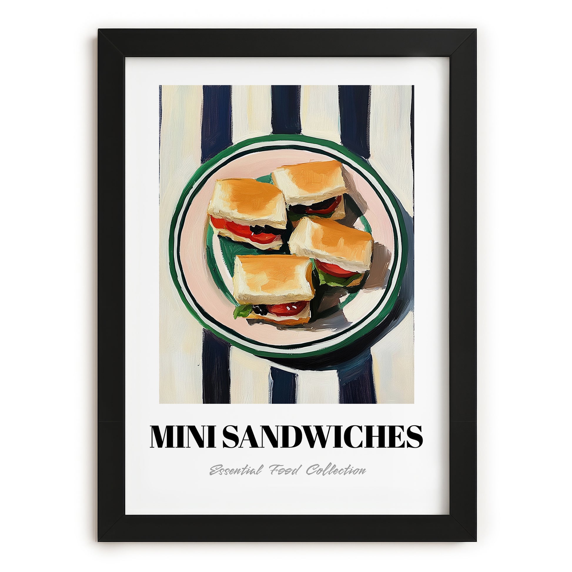 Mini Sandwiches – on Striped Tablecloth, British Food Wall Art, in sleek black frame