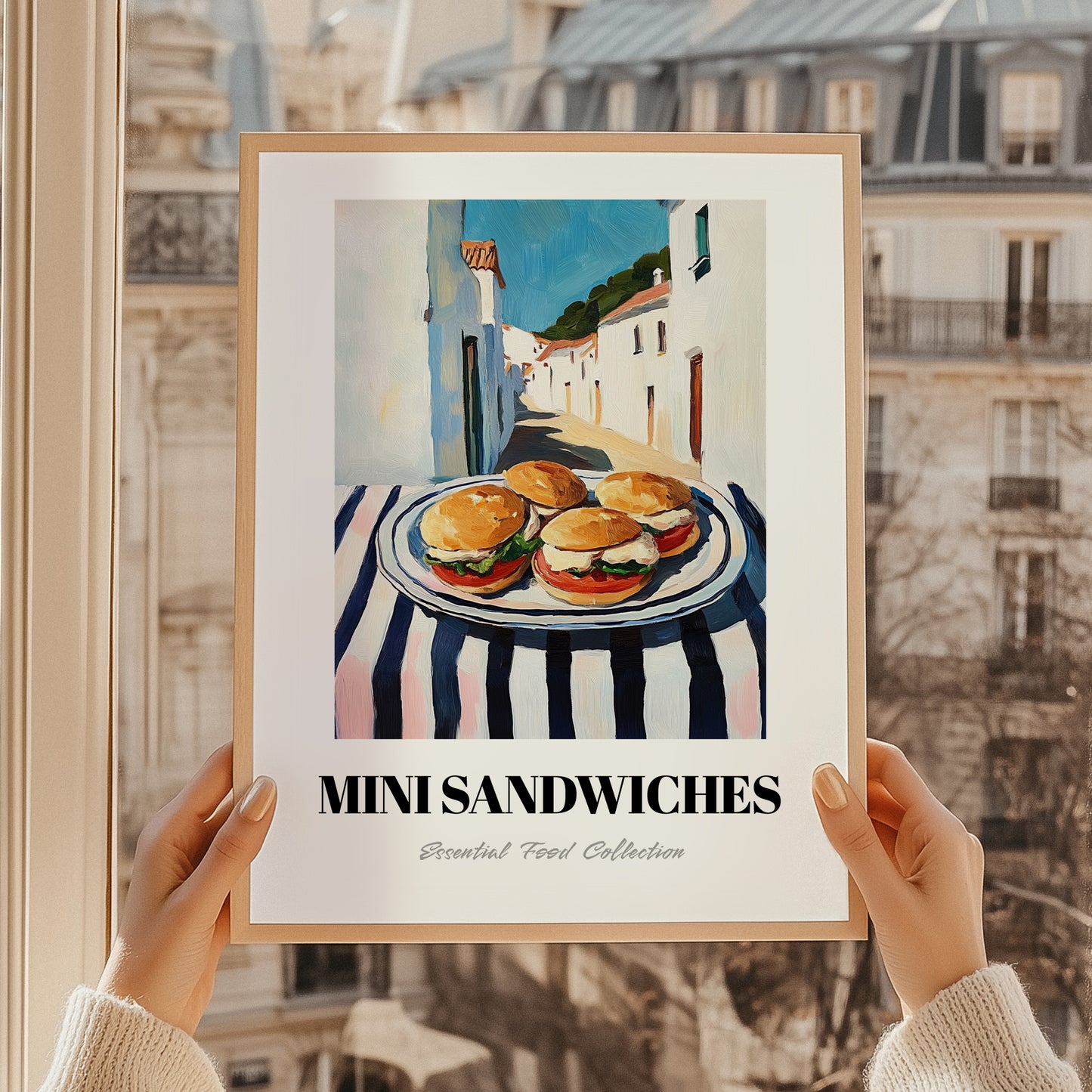 Mini Sandwiches – White village Urban Café Scene, British Food Wall Decor, styled in a charming Paris street view