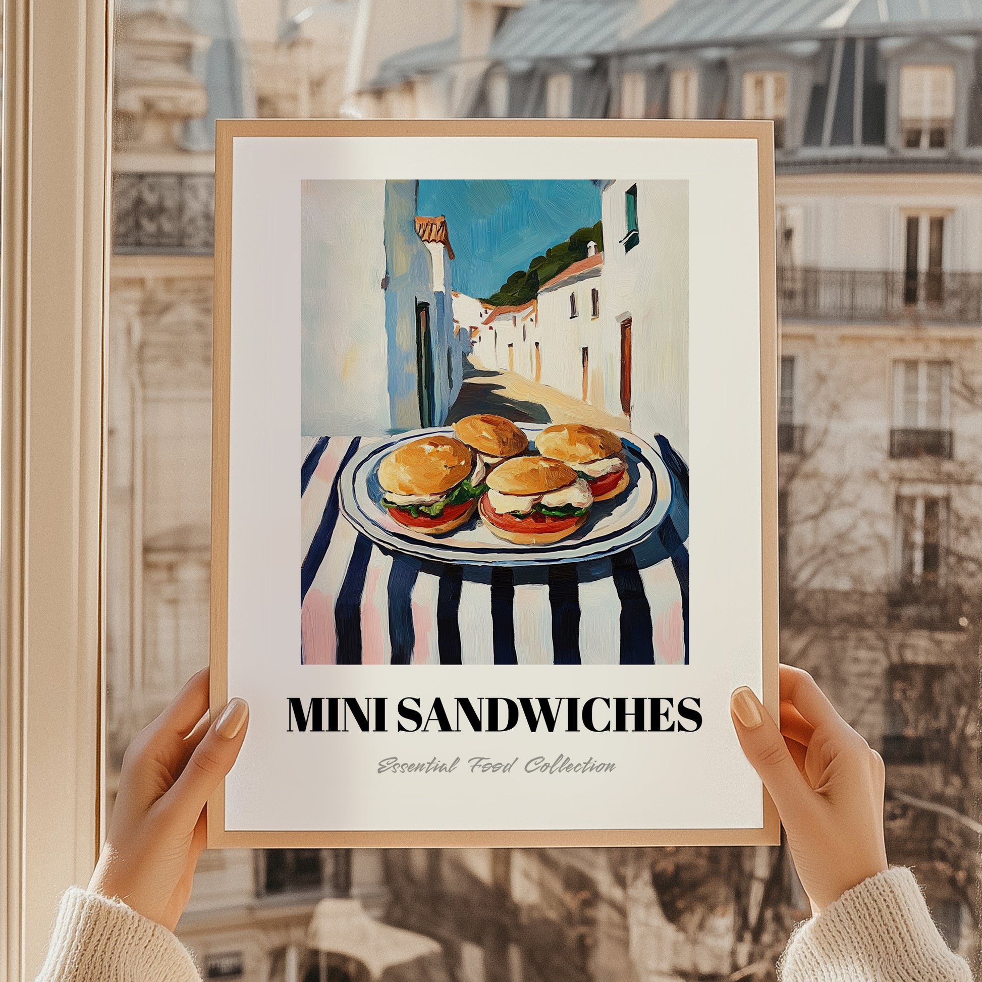 Mini Sandwiches – White village Urban Café Scene, British Food Wall Decor, styled in a charming Paris street view